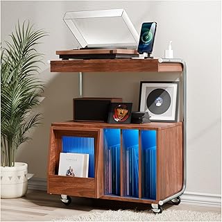 Large Record Player Stand with Sliding Door and Wheels,200 Vinyl Record Storage Cabinet, Record Player Table with Power Outlet & LED Light,Turntable Stand with Wood Legs for Living Room,Bedroom