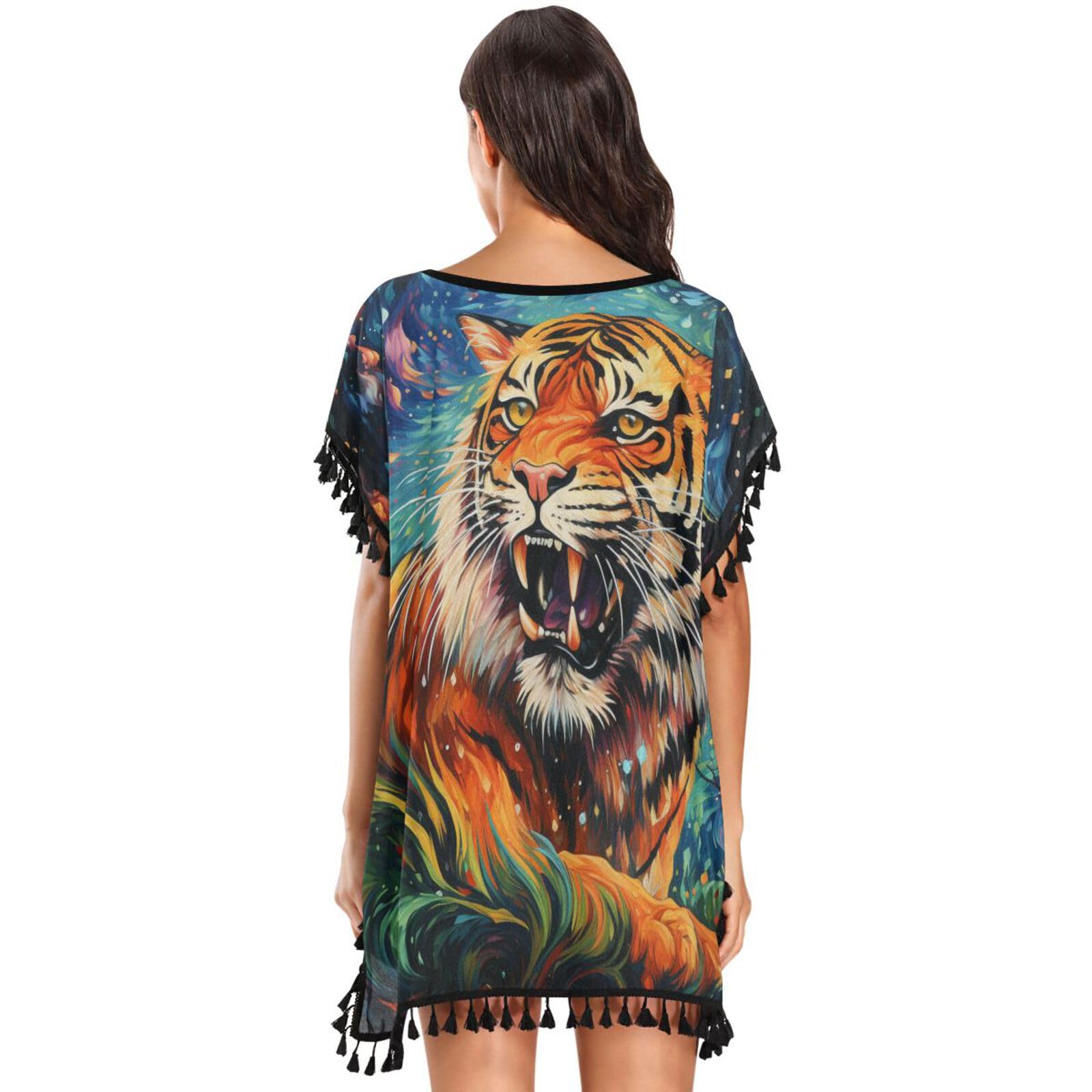 Artwork Moon Tiger Women's Beach Cover Up Chiffon Tassel Swimwear Swimsuit Coverups for Girl