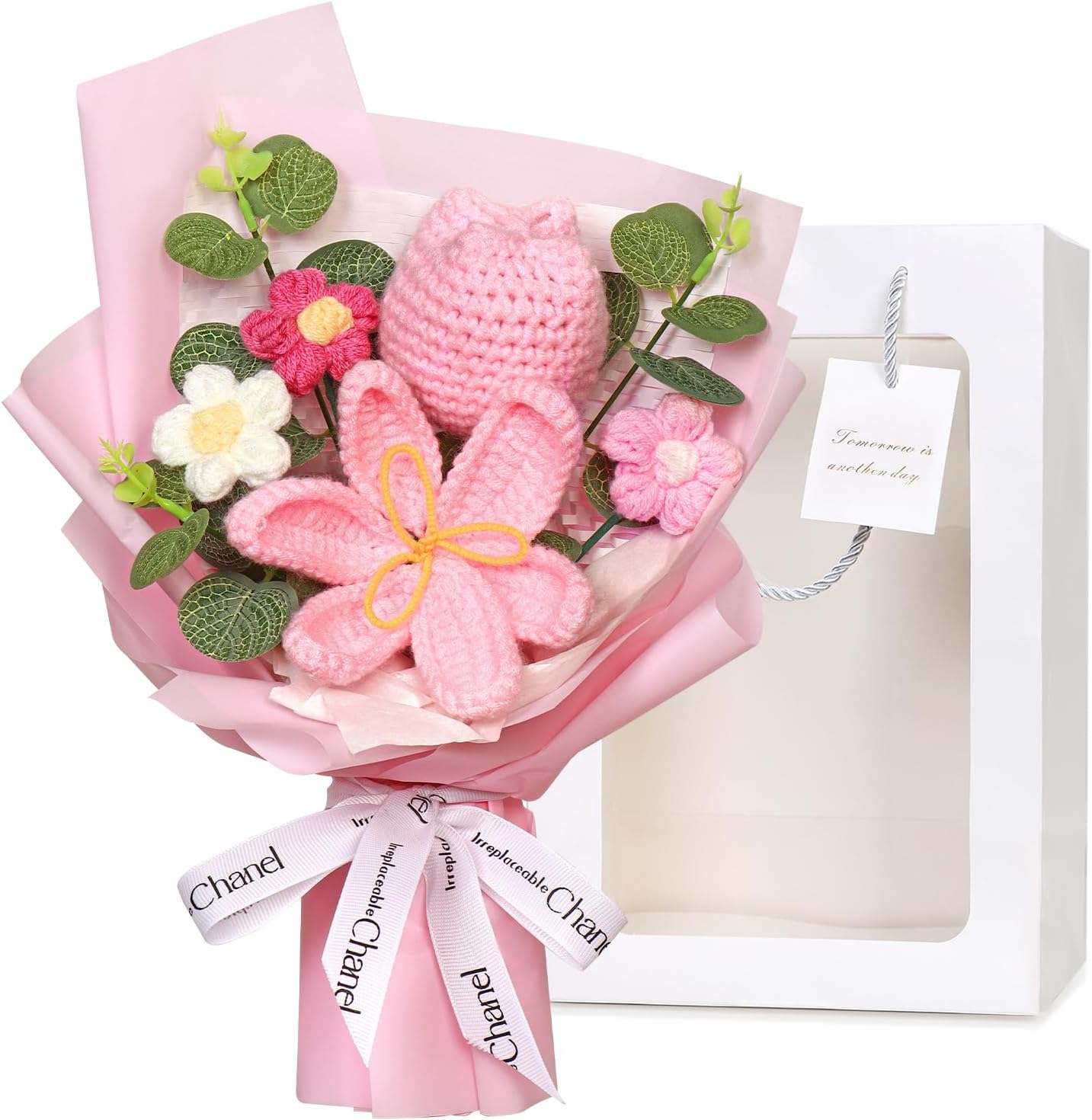 DEMIUKO Crochet Flower Bouquet, Pink Handmade Knitted Flower Bouquet Crochet Tulip Flowers Knitted Floral Gift for Valentines Day Lover Anniversary Mother’s Day Wedding Birthday Graduation(Deep Pink)