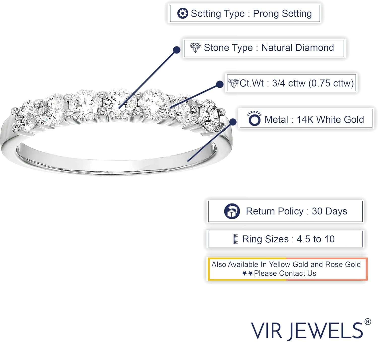 VIR JEWELS 3/4 carat (ctw) Diamond Wedding Anniversary Band for Women, Round Diamond Engagement Ring 14K White Gold 7 Stones Prong Set 0.75 cttw, Size 4-10
