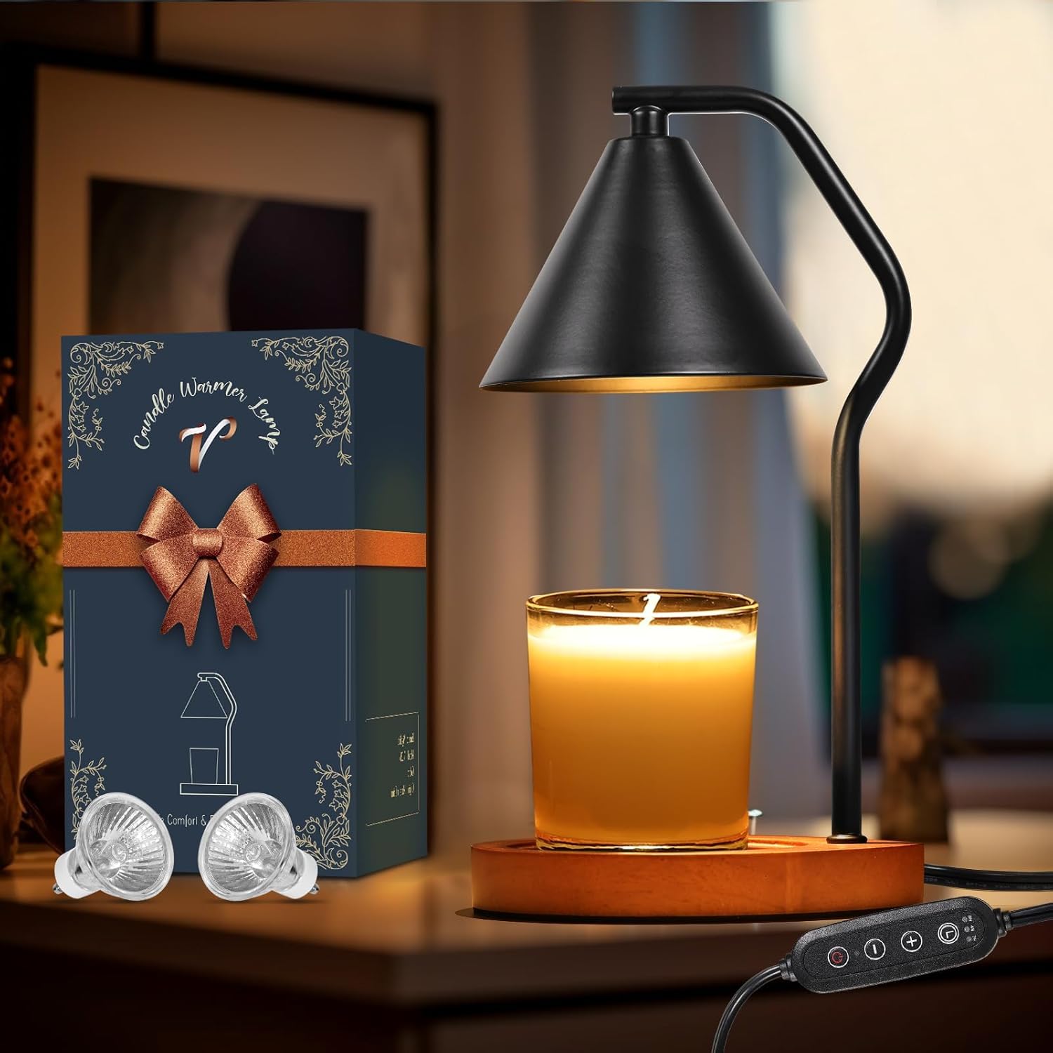 Candle Warmer Lamp,Electric Candle Lamp with Timer & Dimmer,Wax Melt Warmer with 2 Bulbs for Candle Jars,Candle Light for Scented Home Bedroom Aesthetic Decor,House Warming Gifts New Home（black）