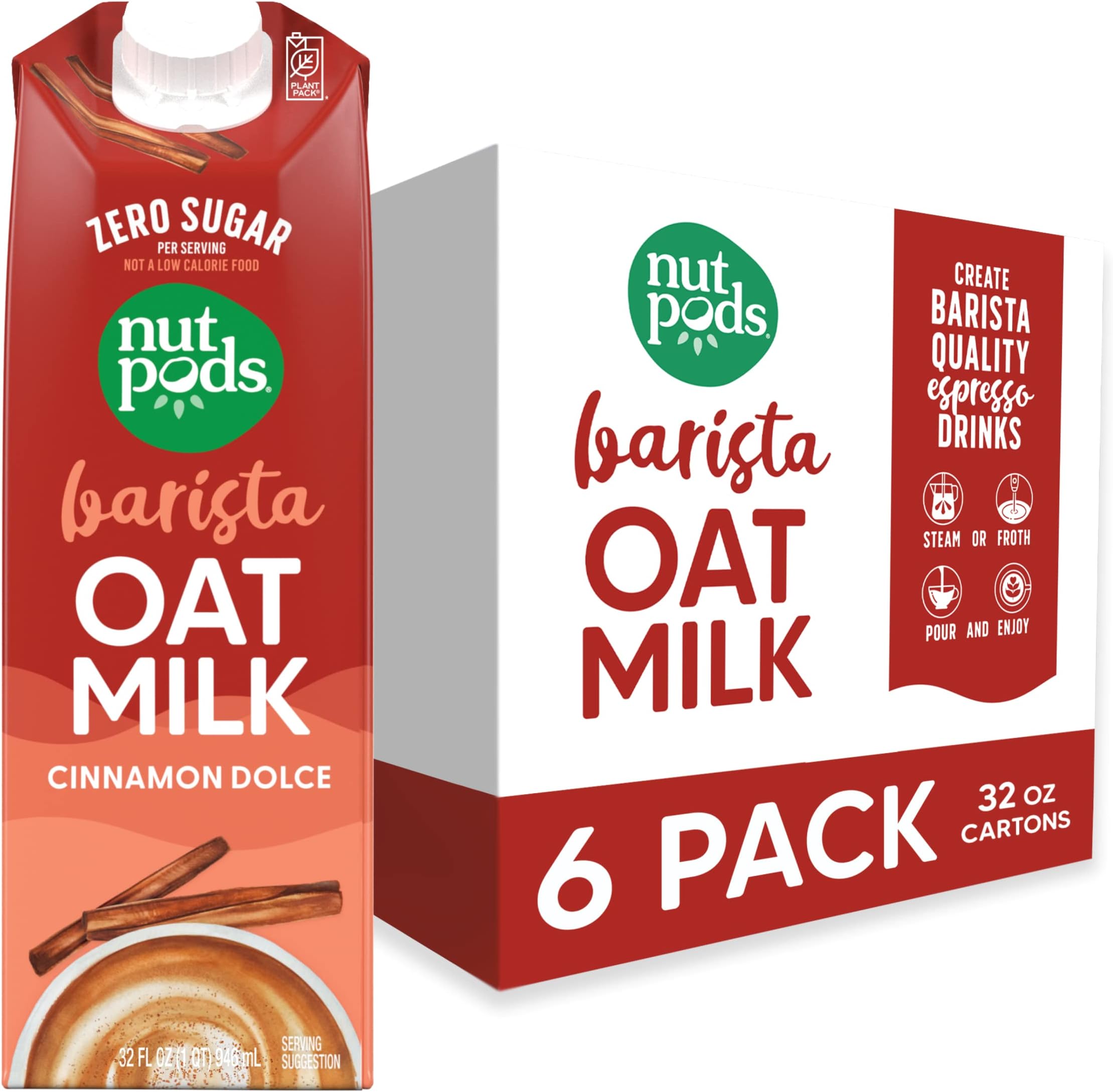 nutpods Cinnamon Dolce Barista Oat Milk - Sugar Free Non Dairy Milk Made from Oats - Keto Oatmilk Barista Blend - 70 calories, Gluten Free, Non-GMO, Vegan, Kosher, 32 fl oz (6-Pack)