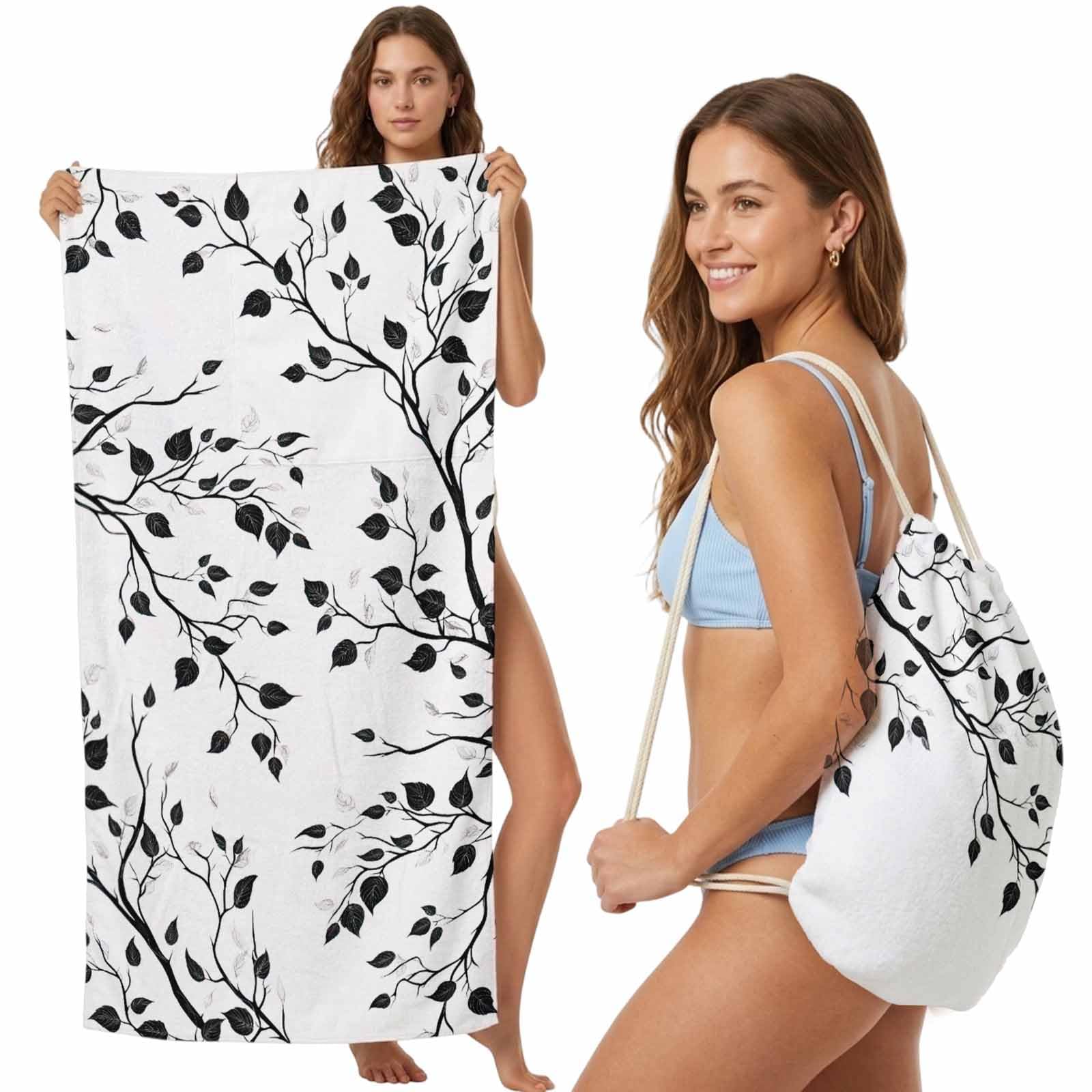 FWJZDSP Beach Towel Bag 2 in 1 Black Branch Bath Pool Towels Backpack Leaves Absorbent Beach Towel Soft Quick Dry Lightweight Packable Towels Drawstring Bag for Travel Camping Sports Yoga Gym Picnic