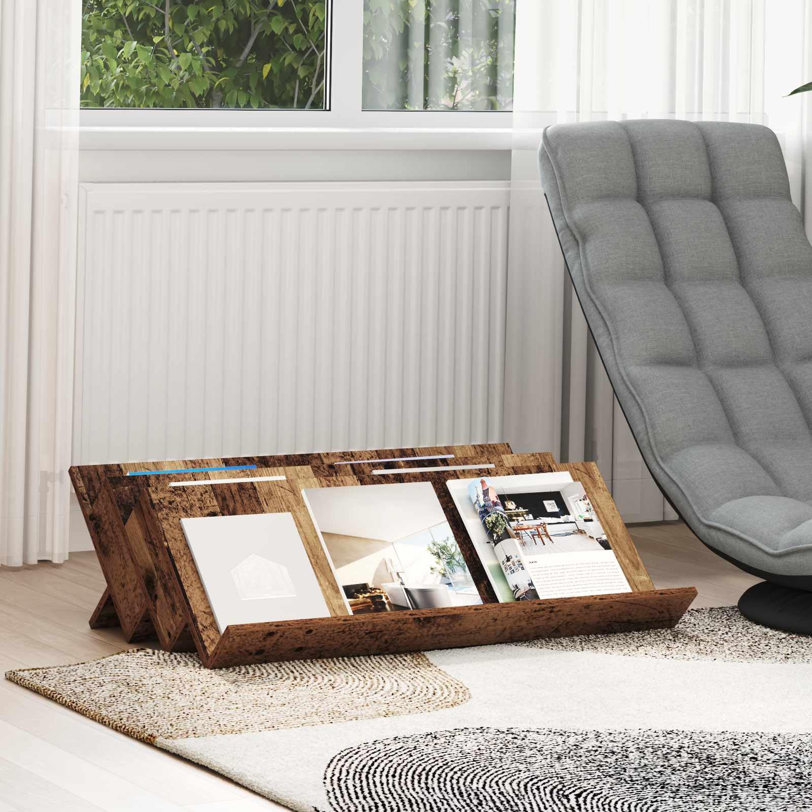 Regał na magazyny z regałem, stare drewno, 90 x 53 x 28,5 cm, materiał drewnopochodny, stojak na czasopisma, stojak na czasopisma, uchwyt na prospekty, do salonu, biura, korytarza, poczekalni