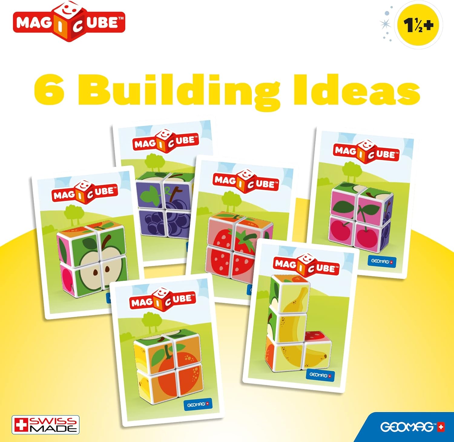 Geomag MagiCube 4-Piece Magnetic Stacking Cubes Building Set Bundle, Fruit & Transport