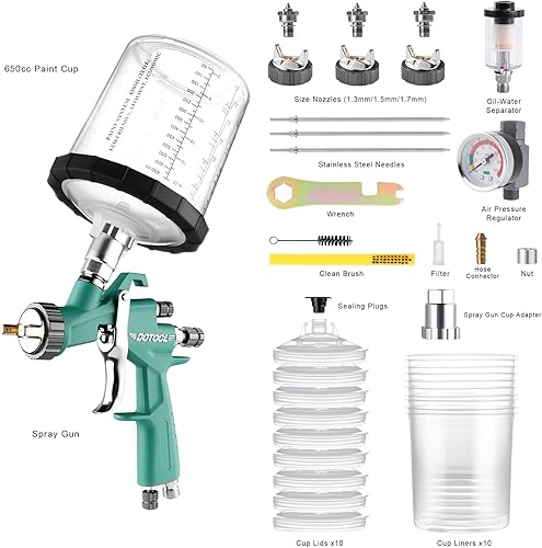 Miniatura 6 de Pistola de pintura de aire DOTOOL LVLP con boquillas de 1.31.51.7mm y regulador de aire, pistolas de pintura R500 para automoción, pistola de