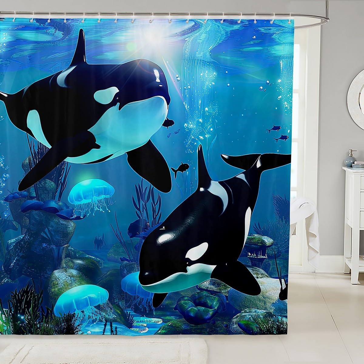 Teal Ocean Whale Shower Curtain Jellyfish Killer Whale Bath Curtain The Underwater World Bathroom Sets Orcinus Orcas Deep Sea Animals Marine Life Fabric Shower Curtains Sets Waterproof 72" W x 78" L
