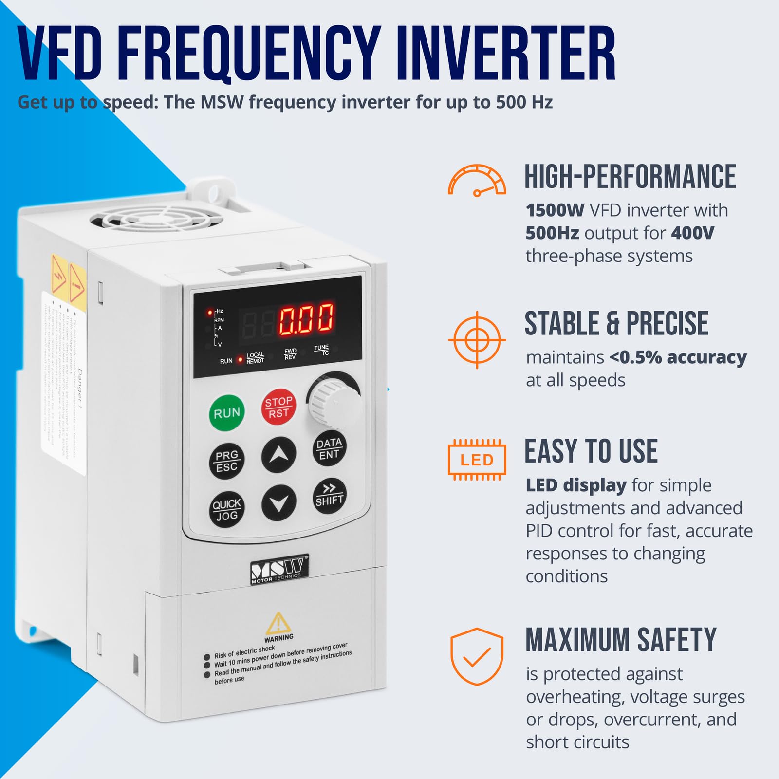 MSW VFD-Frequenzumrichter 1500 W 400 V LED-Display RS485-Schnittstelle max. 5% Abweichung Stromrichter Frequenzumformer Frequenzumwandler
