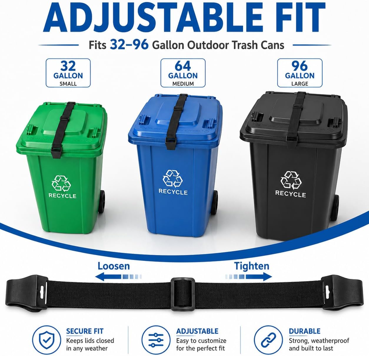 2PCS Bear Proof Trash Can Lock, Heavy Duty Garbage Can Locks for Animals with Adjustable Strap & Metal Claw, Trash Can Lid Lock for Outdoor Garbage Cans 32-96 Gallon