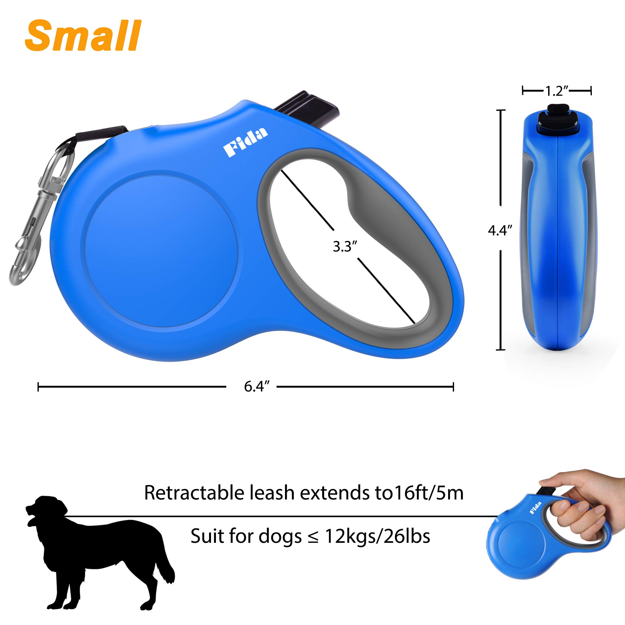 Fida Laisse rétractable pour chien de petite race jusqu'à 11,8 kg, 4,9 m avec distributeur et sacs à déjection, poignée antidérapante, ruban en nylon réfléchissant, frein à une main (S, bleu)