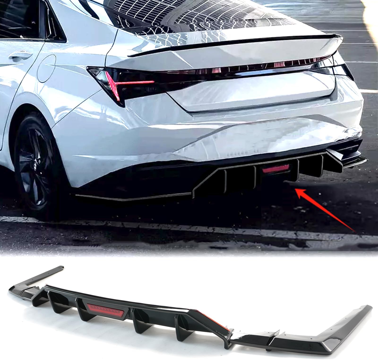 Rear Bumper Diffuer with Brake Light for Hyundai Elantra 2021-2023 Sedan 4-Door KDM Style Gloss Black Rear Diffuser Bumper Lip Protector