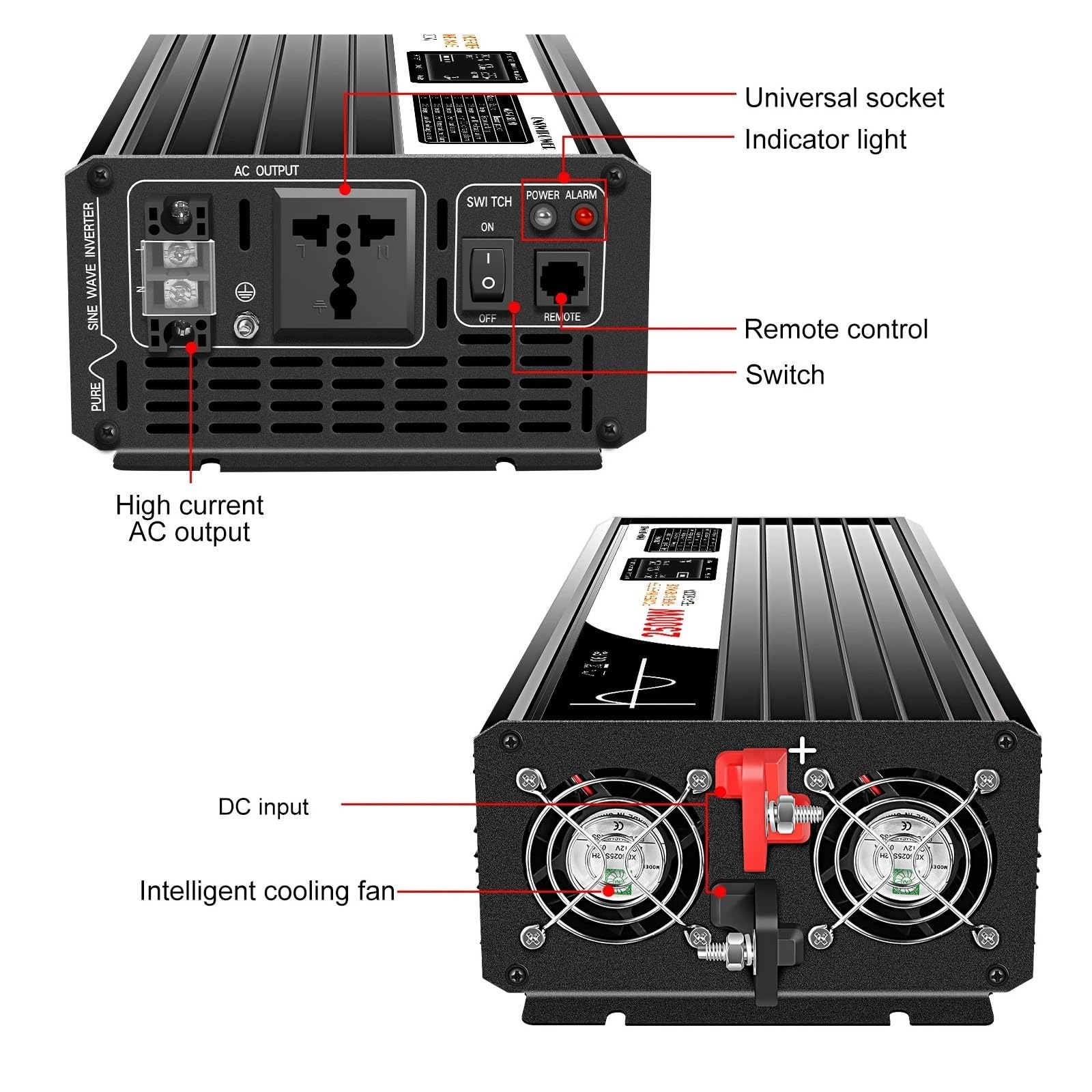 Inversor Energía Solar Onda Sinusoidal Pura con Pantalla LCD 2500 W 12 V CC 24 V 48 V CA A 110 V 220 V CA Transformador(12V,110-120V,USA)