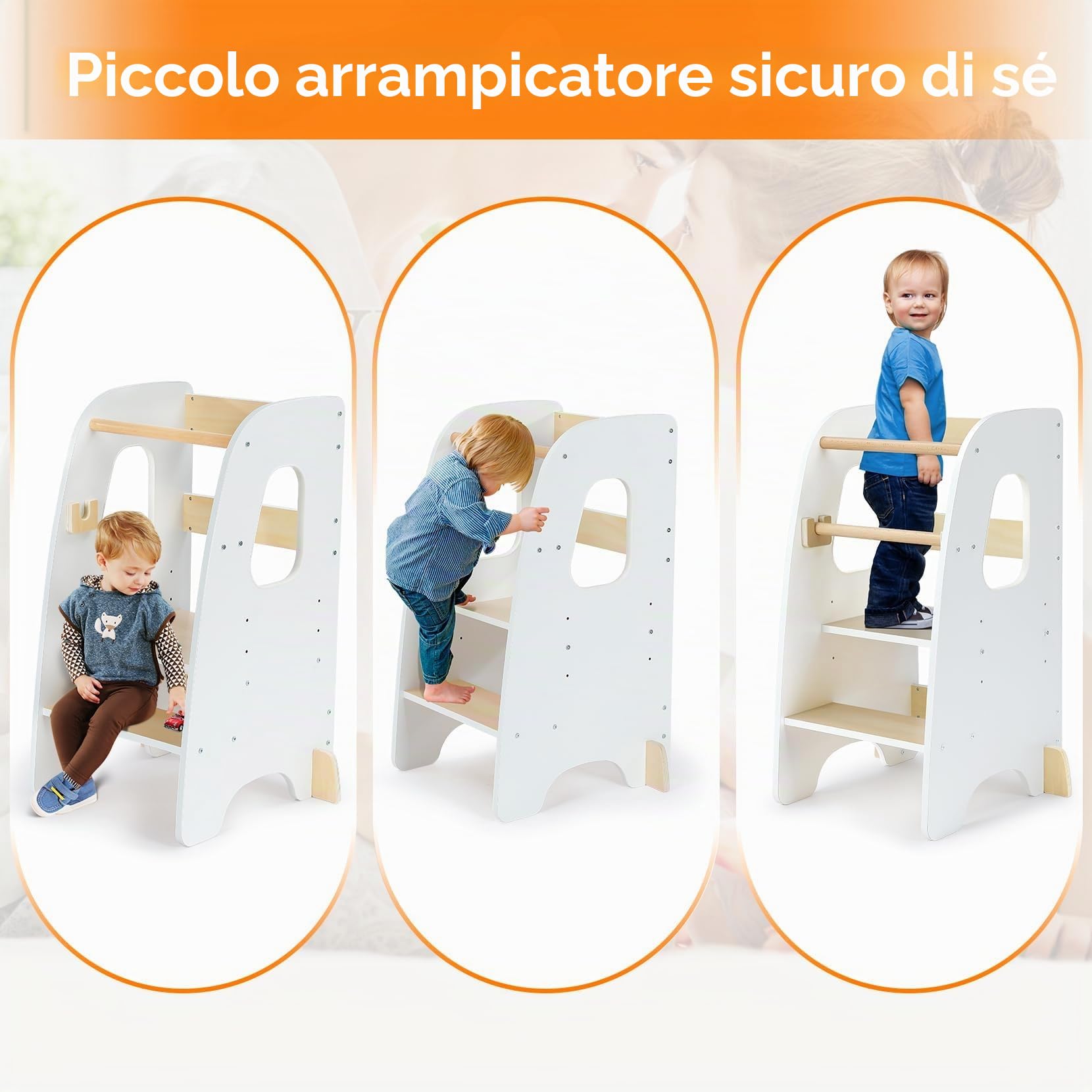Torre Montessoriana Learning Tower Sicura Altezze Regolabili Doppia Barra Protezione Antiscivolo Anti-Ribaltamento Bianco