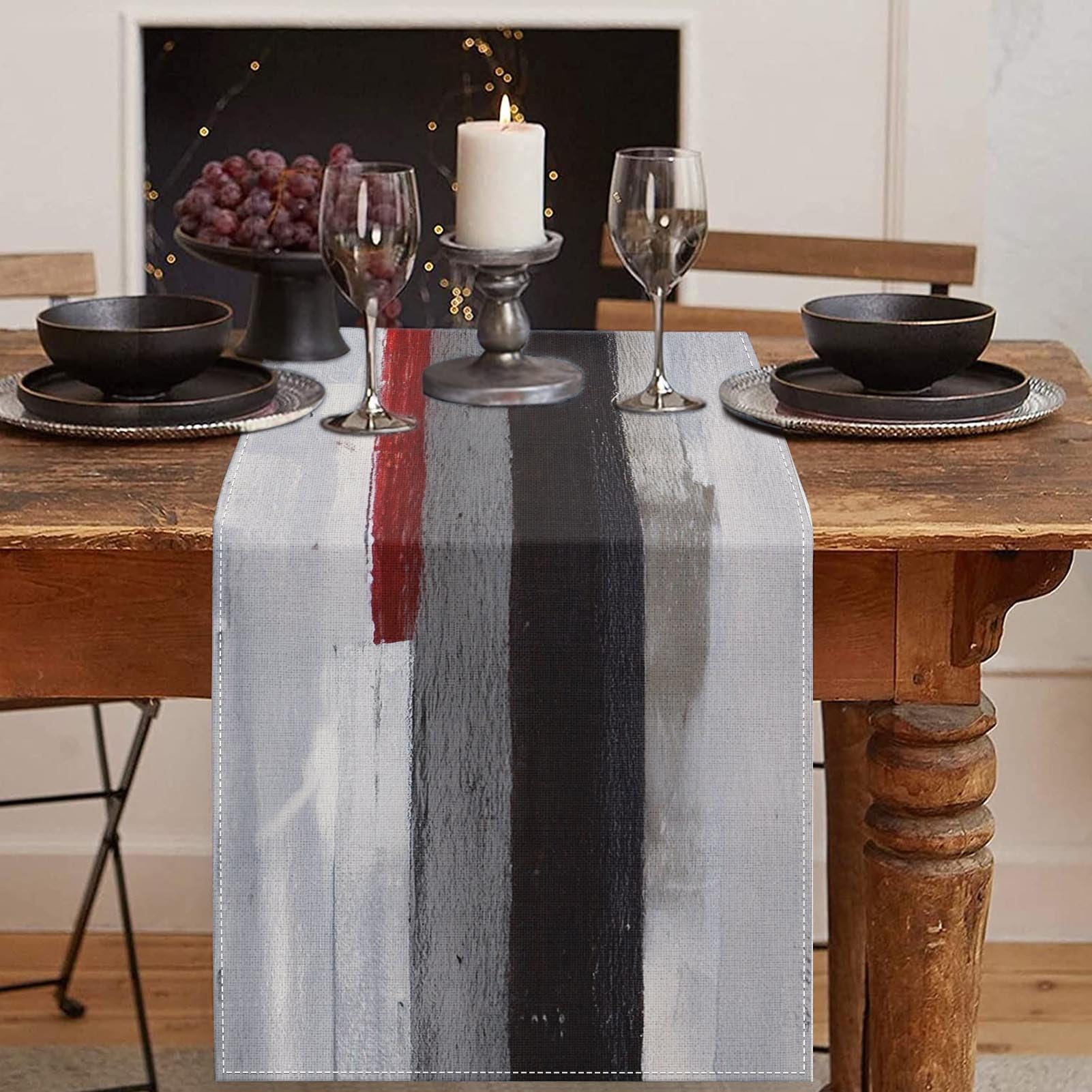 Emvency Black and White Table Runner, Modern Grey Red Art Painting for Kitchen Coffee Table Family Dinners Holiday Parties Wedding Events Decor(13x60