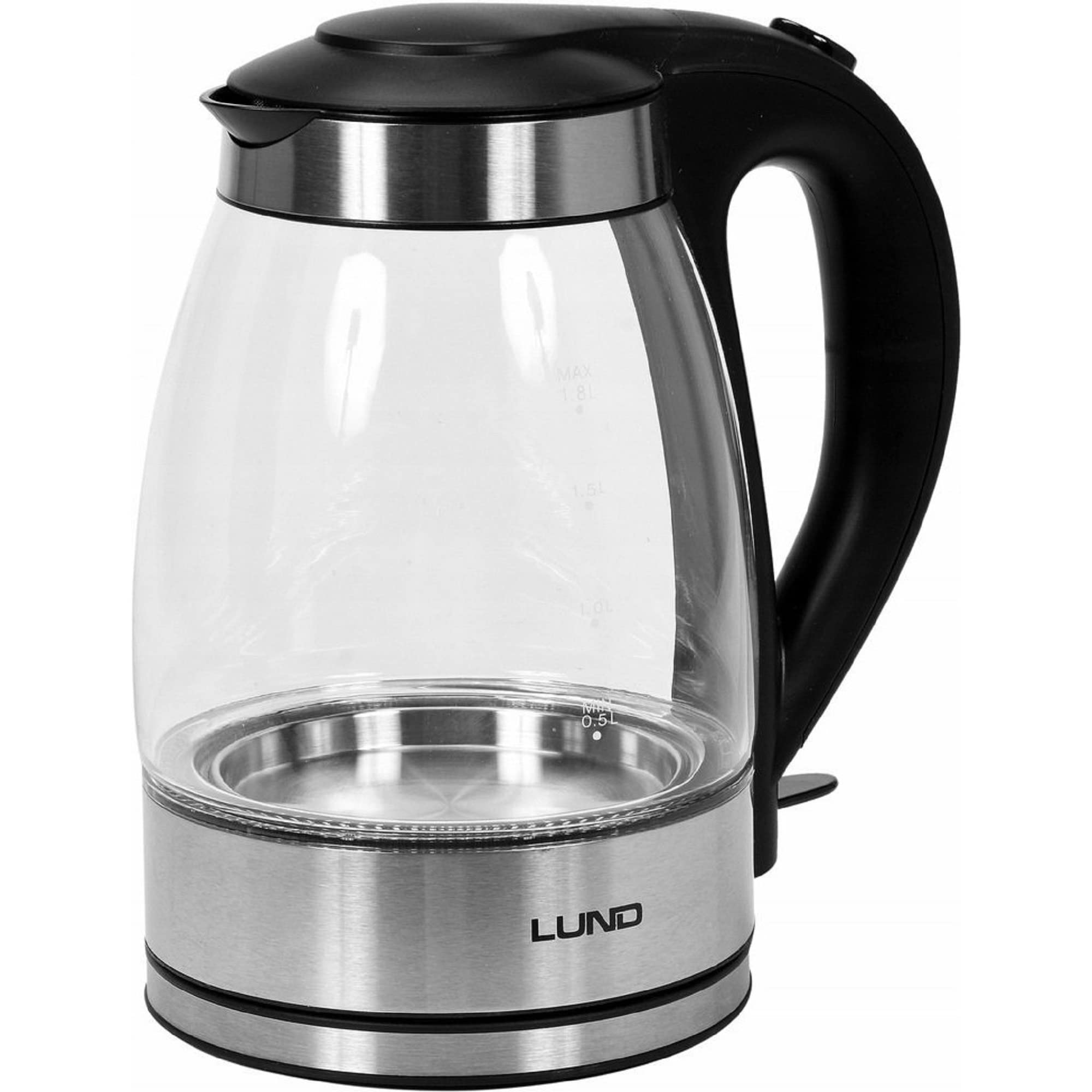 Lund bollitore in vetro con LED - Filtro - Sicurezza contro la cottura a secco - Acciaio inox - 1,8L - 2200W - 68172 - Argento/Nero