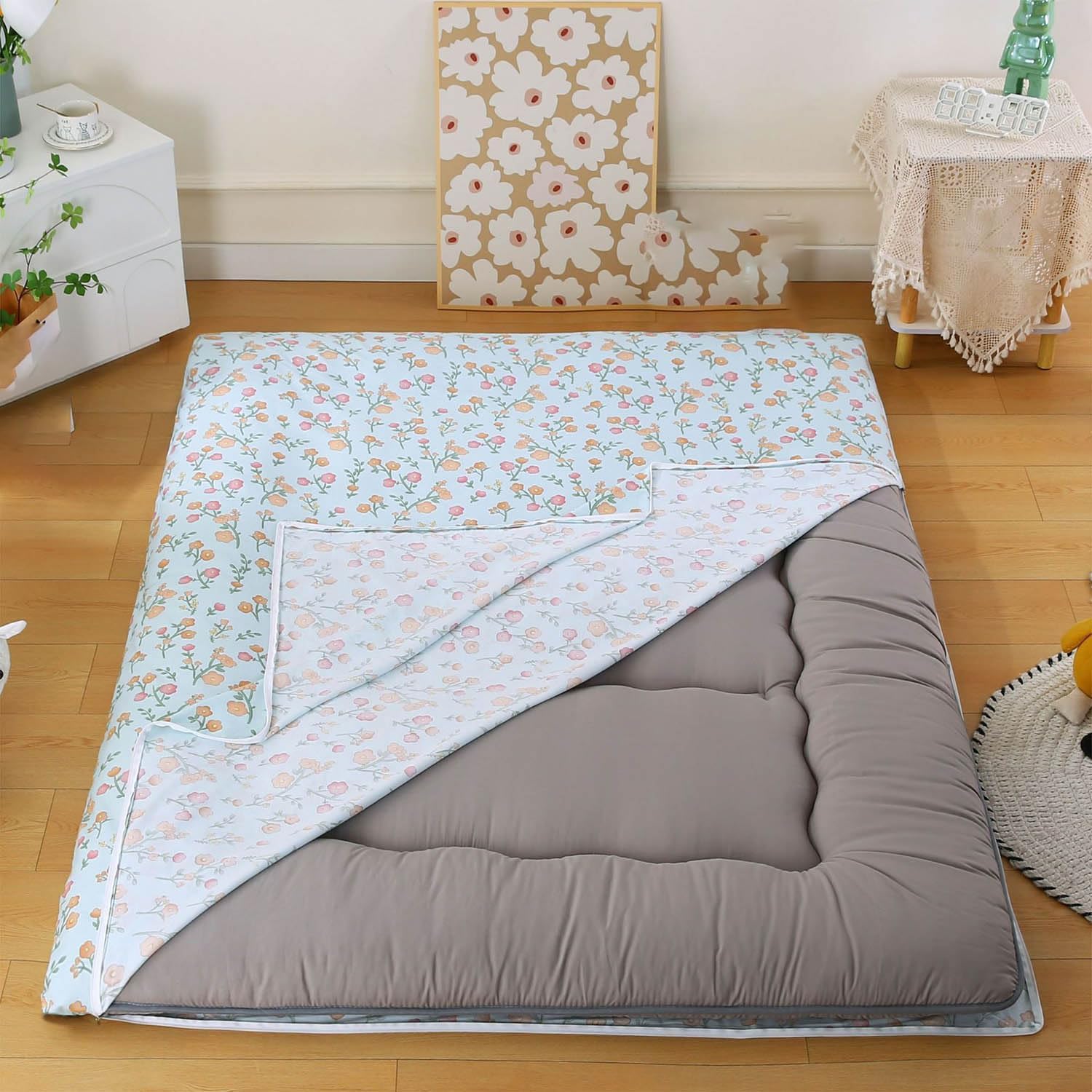 Traditional Japanese Futon Mattress 100% Cotton,Double Zipper Futon Floor Mattress Cover,Tatami Mattress Protective Cover,Machine Washable,R,100x190cm/39x75