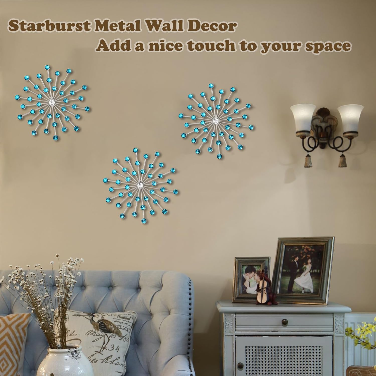 DXYAKY Set of 3 Blue Metal Starburst Wall Art Decor, Rhinestone Crystal Home Decor Accents, 9.8 Inch Decorative Wall Hanging Diamond, Jeweled Sparkle Wall Sculptures for Living Room Bedroom - Image 7