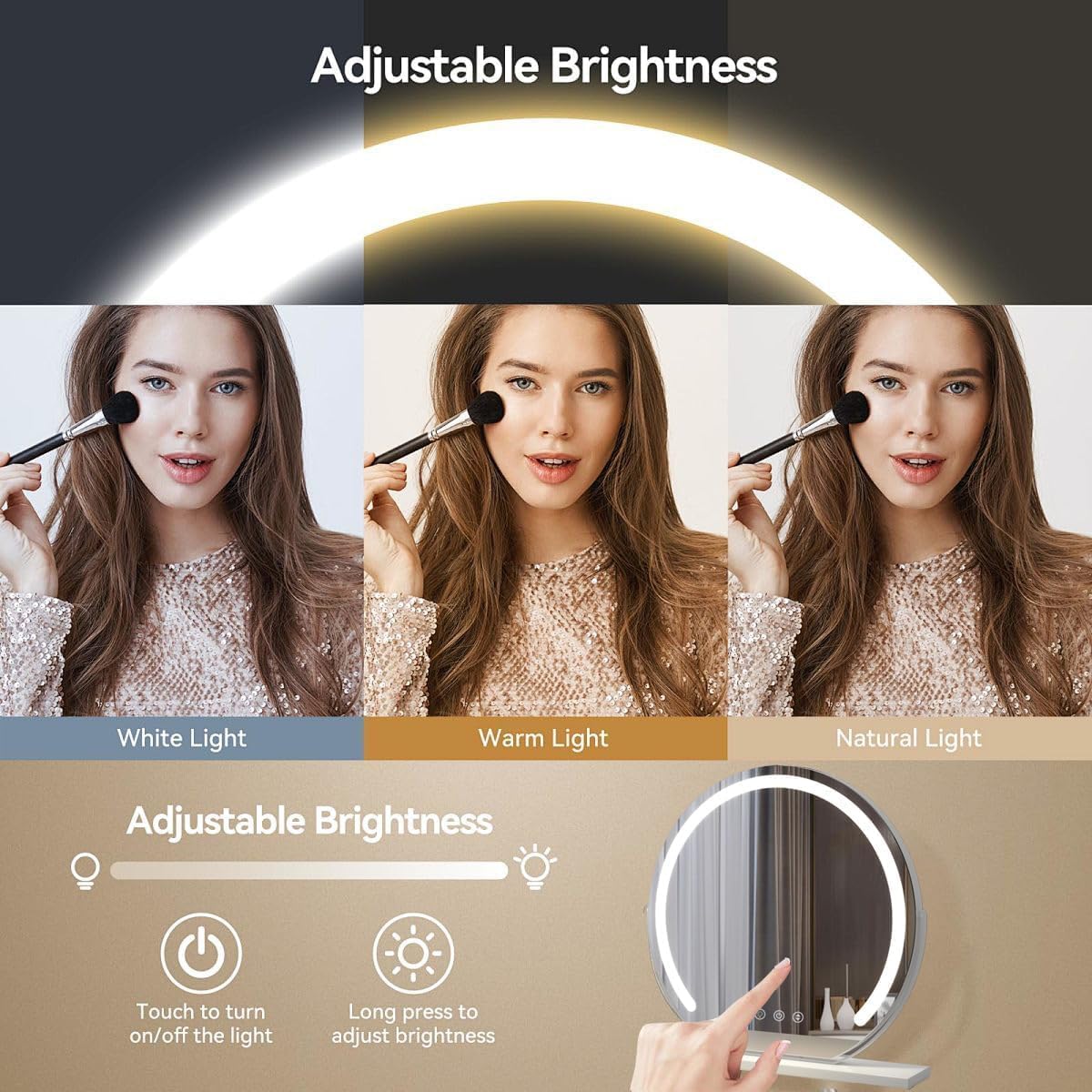 Explosionssicherer Beleuchteter Kosmetikspiegel mit 3 Lichtmodi, Schminkspiegel mit Beleuchtung, Augenschutz,10-fache Lupe, 330°drehbar, Touch-Design, USB&Type-C,Schlafzimmer/Badezimmer (60 cm)
