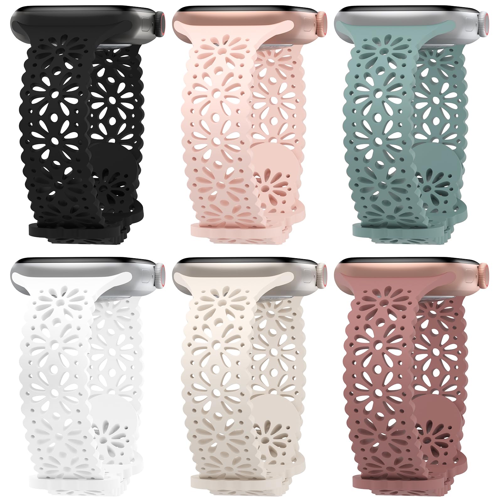 6 Pack Slim Thin Lace Hollow-out Silicone Bands Compatible with Apple Watch 38mm 40mm 41mm 42mm 44mm 45mm 46mm 49mm Women, Breathable Sport Strap for
