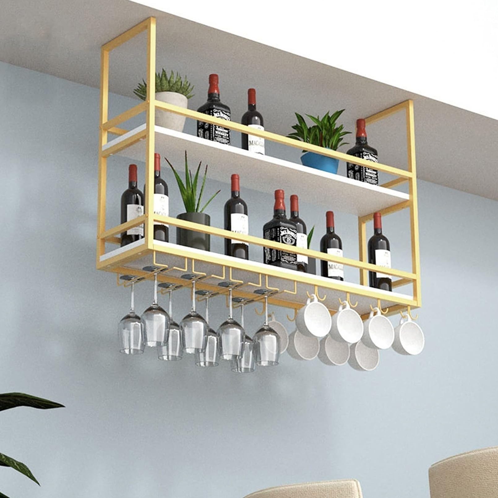 Casier à vin mural industriel avec étagère et support verre