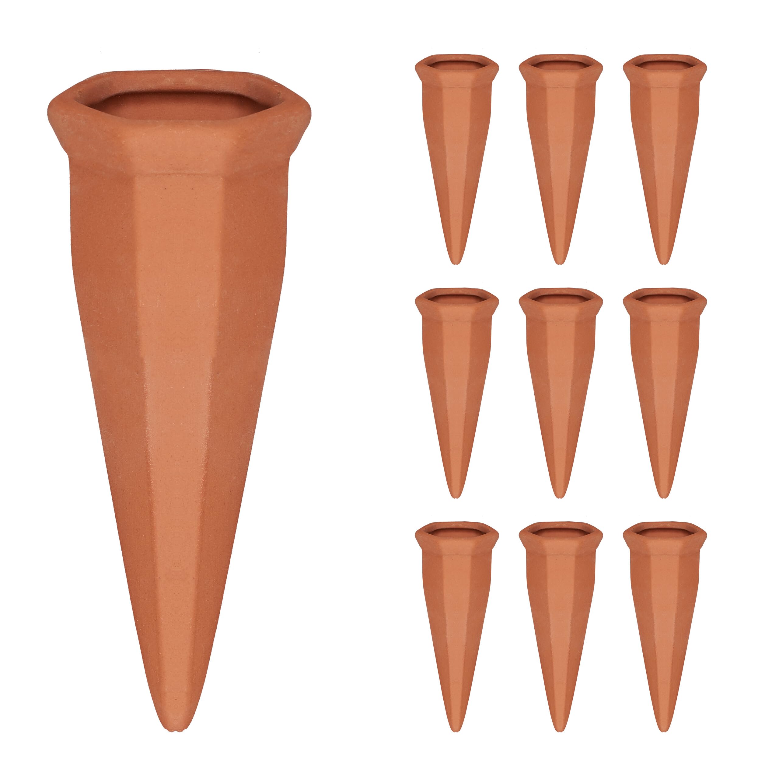 Relaxdays Terracotta Clay Watering Spikes, Set Of 10, Stakes For 1 L Plastic & Wine Bottles, Indoor & Outdoor Plants, Ceramics, 13 X 5 X 4.5 Cm
