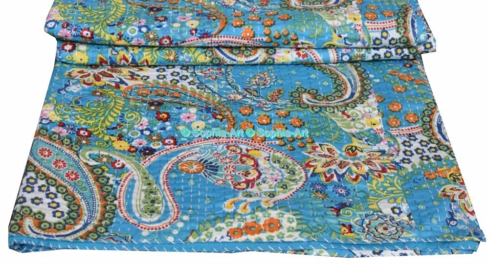 Sophia-Art Kantha Quilt King/Twin - ręcznie robiony indyjski koc z bawełny, wzór kaszmiru, na łóżko lub sofę (turkusowy, King 90 x 108 cali)