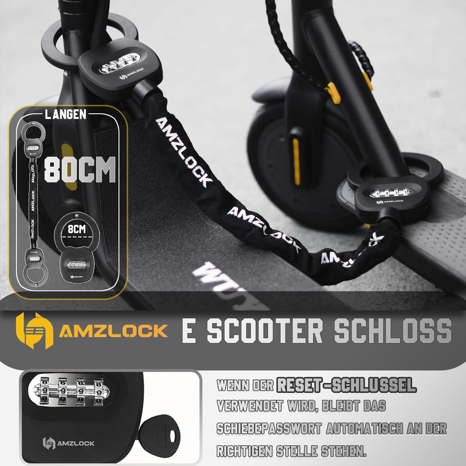 Candado Patinete Electrico, Candado Seguridad con Forma de Esposas, Scooter Eléctrico Antirrobo Bloqueo con Bolsillo, Candado Antirrobo con Cadena de 8mm de Grosor