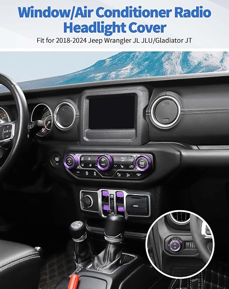 for Jeep JL Upgrade Window Switch Button Cover Air Conditioner Radio Switch Knob Cover Headlight Knob Cover for 2018-2024 Jeep Wrangler JL JLU/Gladiator JT Interior Accessories, Purple