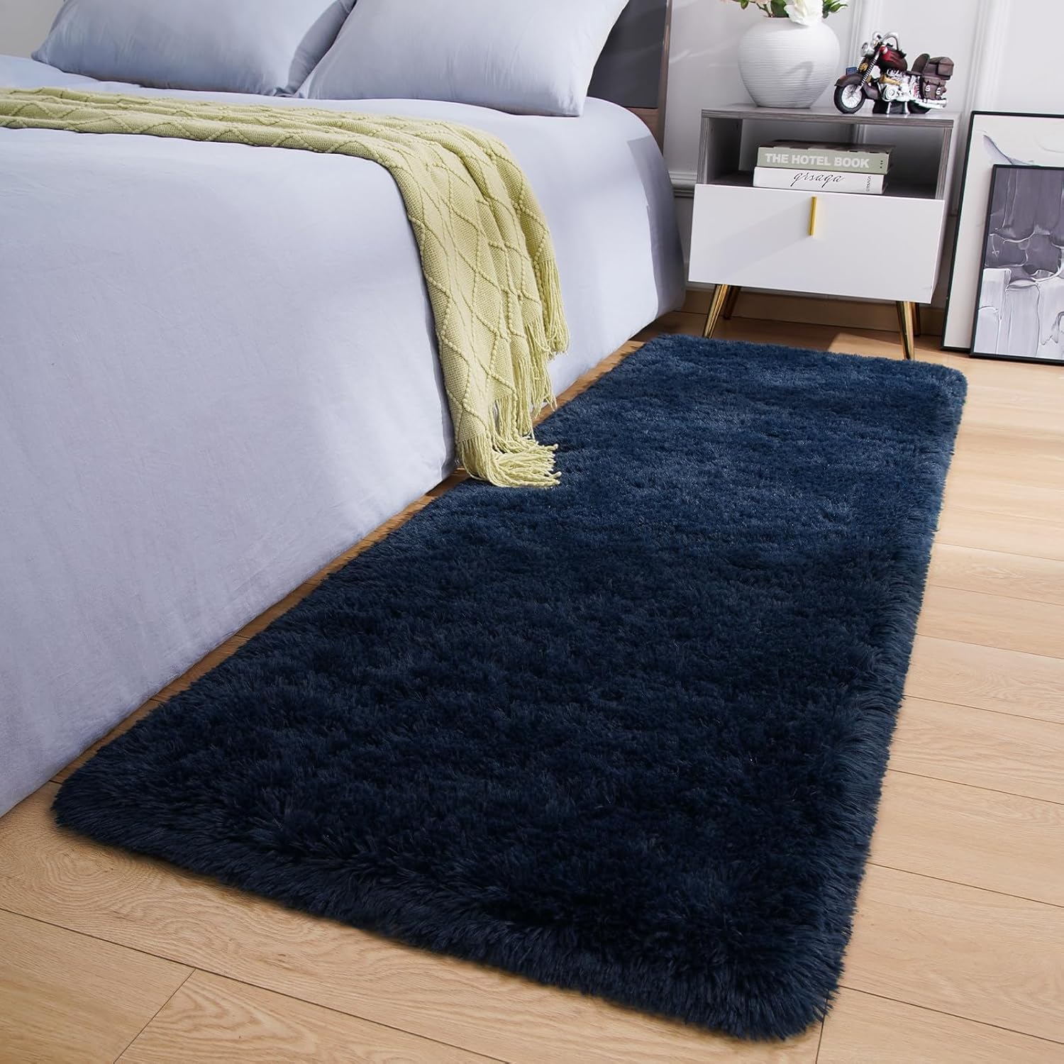 INSPIRE HOMEWARE Rugs Living Room 80x150 cm - Navy Blue Soft Fluffy Bedside Rugs for Bedroom - Non Shedding High Pile Carpets for Hallway Runner, Nursery Room Rug for Kids Room