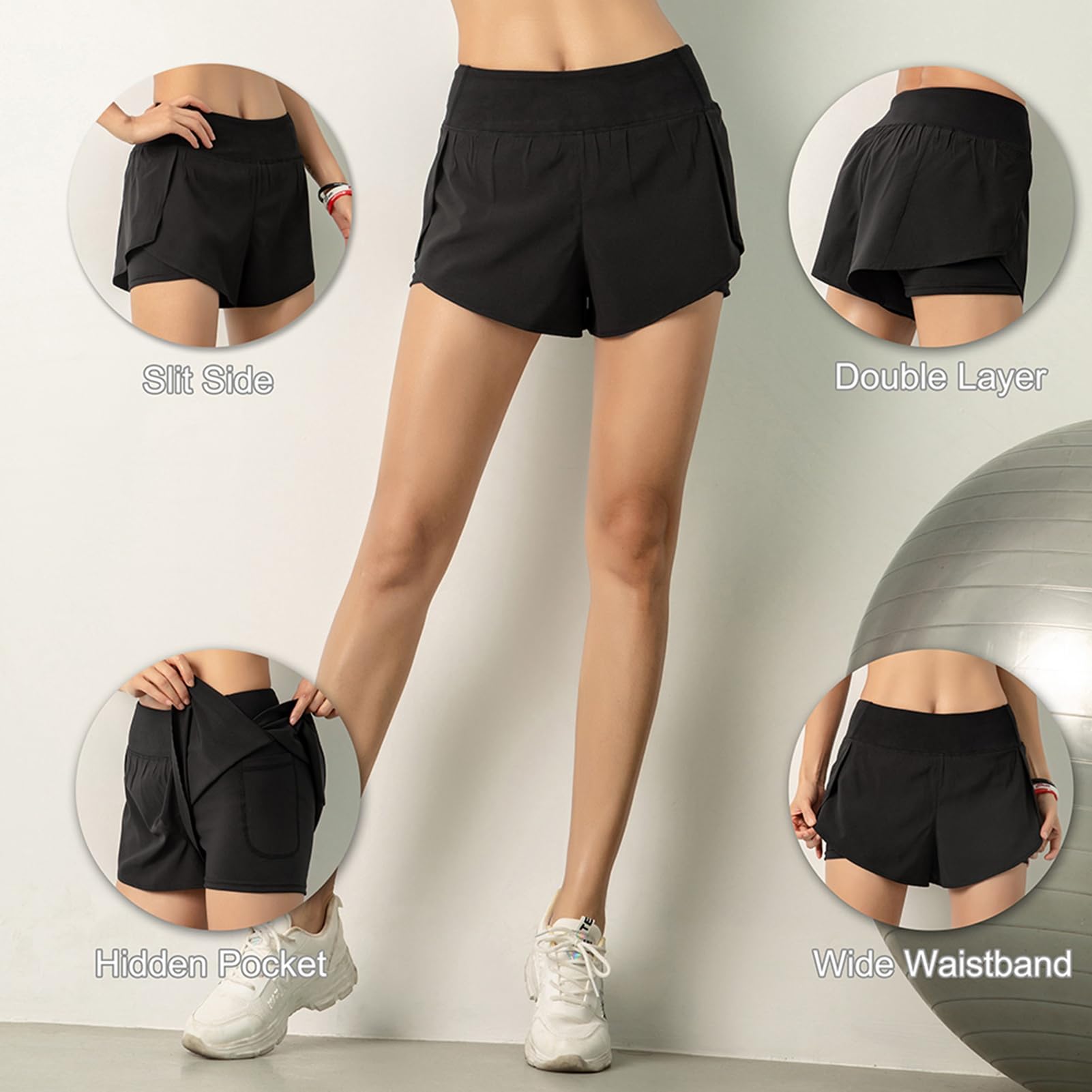2 w 1 Kobiety Biegające Szorty z Szerokim Zasięgiem Kieszonkowym Warstwa Warstwy do Treningu Fitness Athletic Gym Homeswear, Sportowe Spodenki