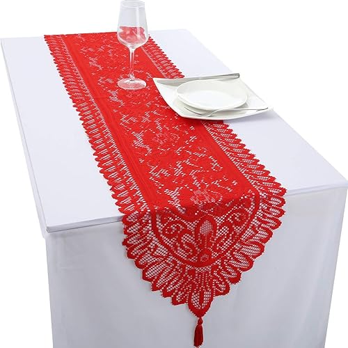 rockcloud Camino de mesa de encaje para decoración de banquetes de boda, decoración de mesa de fiesta de Navidad, rojo, 13 x 59 pulgadas