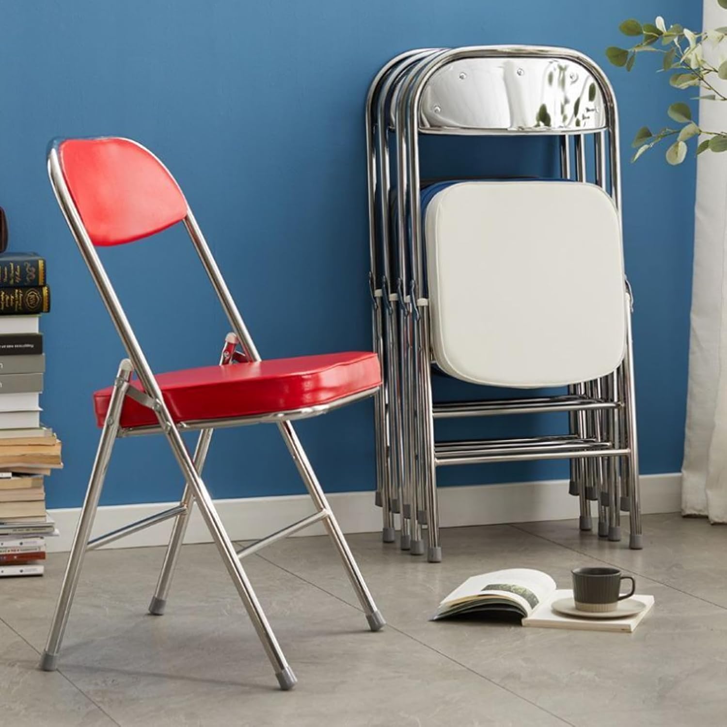Pu Leather Folding Chair, Portable and Stackable Upholstered Seat, Metal Frame, Meeting Chair with Backrest, Suitable for Home, Office, Meeting Rooms, Parties Grey