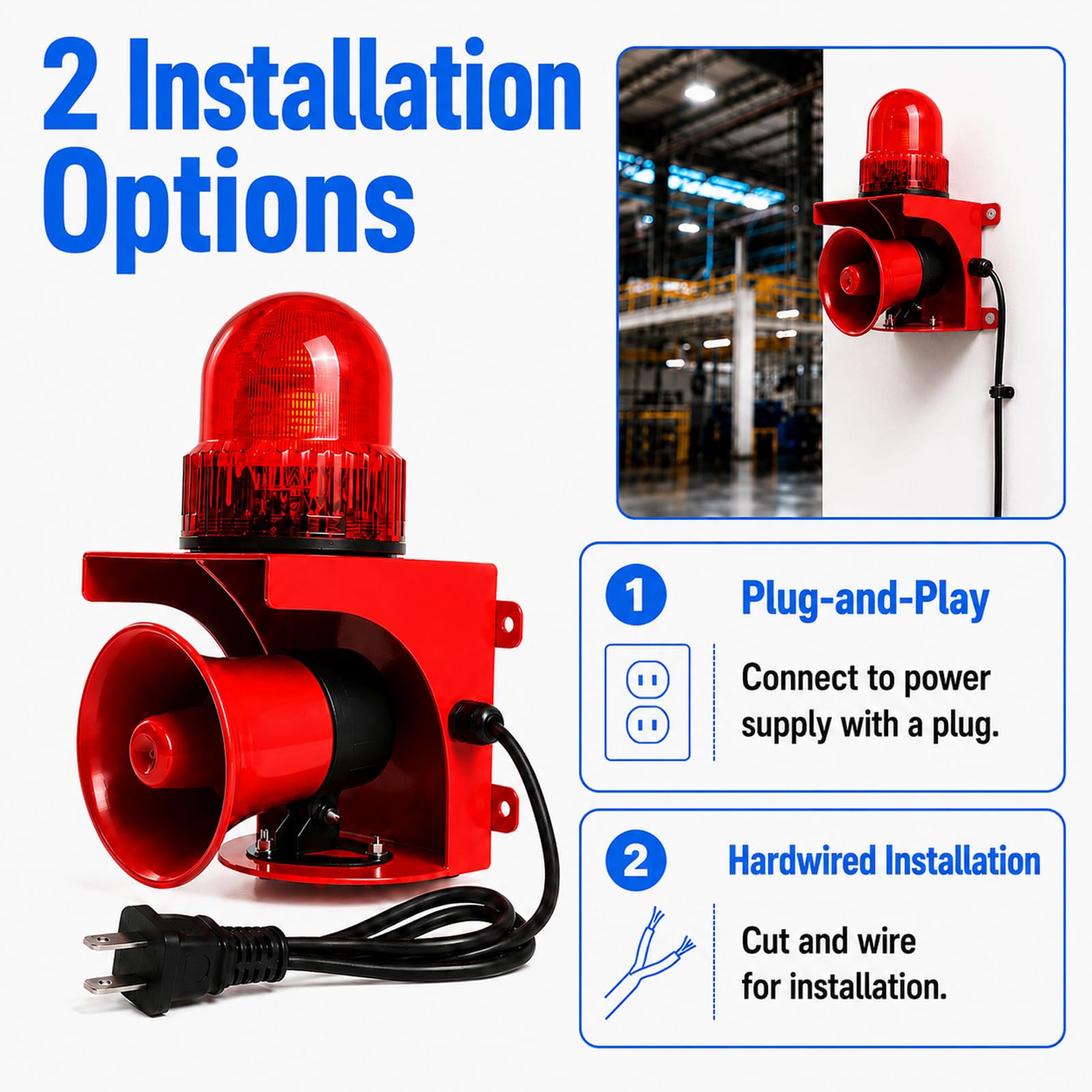 Sirena Dallarme Industriale con Luce Stroboscopica, Sirena Dallarme per Esterni con Faro LED Rosso, Clacson di Avvertimento Impermeabile E Potente per Fabbrica, Magazzino, Ufficio, Emergenza