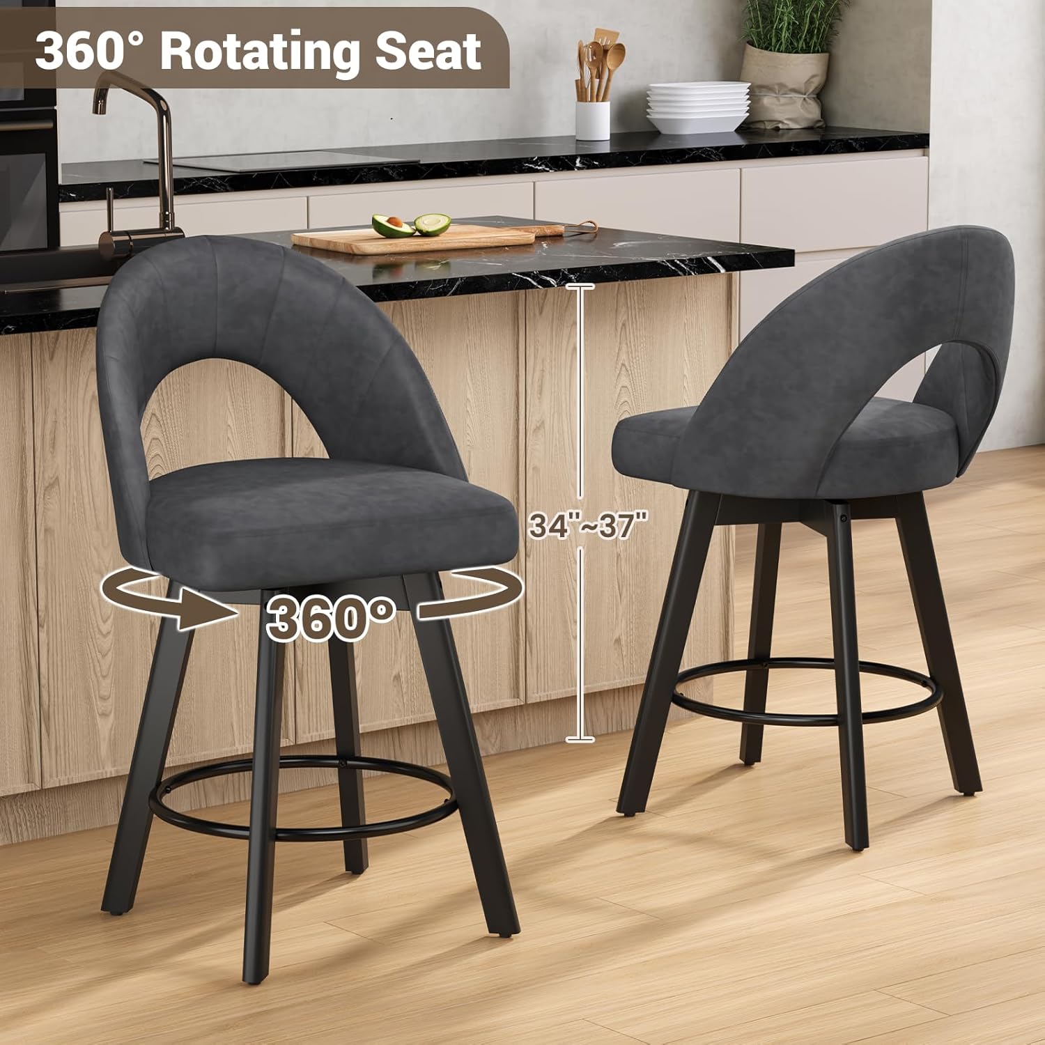 YaFiti 24 inch Counter Height Bar Stools, Ergonomic Curved Back Design Swivel Bar Stools with Faux Leather Seat & Solid Wood Legs for Kitchen Island, 1 PCS, Charcoal Grey