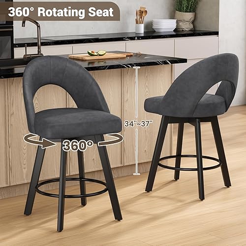 Miniatura 5 de Juego de 2 taburetes de bar de 24 pulgadas de altura de mostrador, modernos taburetes de bar giratorios con respaldo curvado ergonómico, asiento de