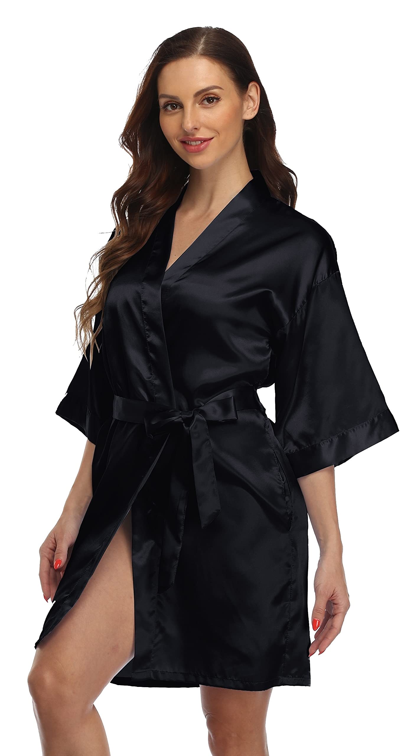 ValenniaWomen Satin Robe Wedding Shower Party Bathrobe Silky Kimono for Bride and Bridesmaids
