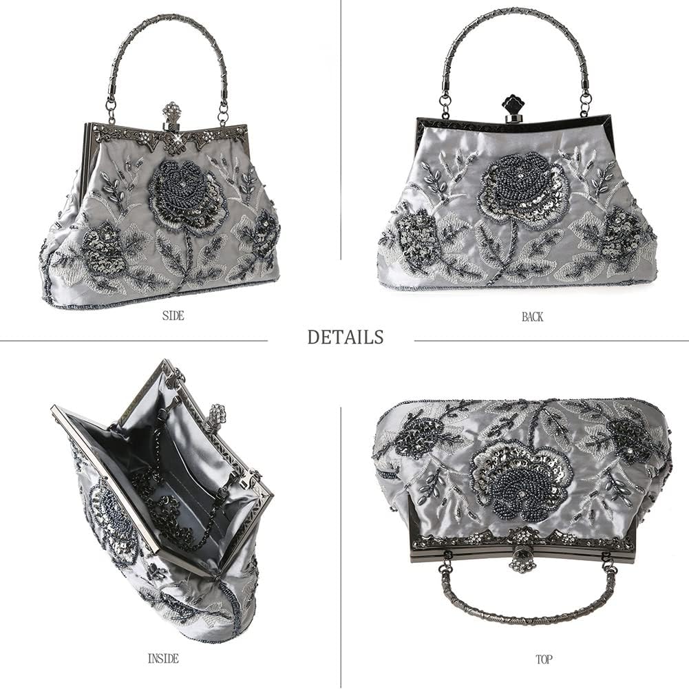 Women's Handbag Vintage Rose Embroidered Beaded Sequin Evening Bag Wedding Party Clutch Purse