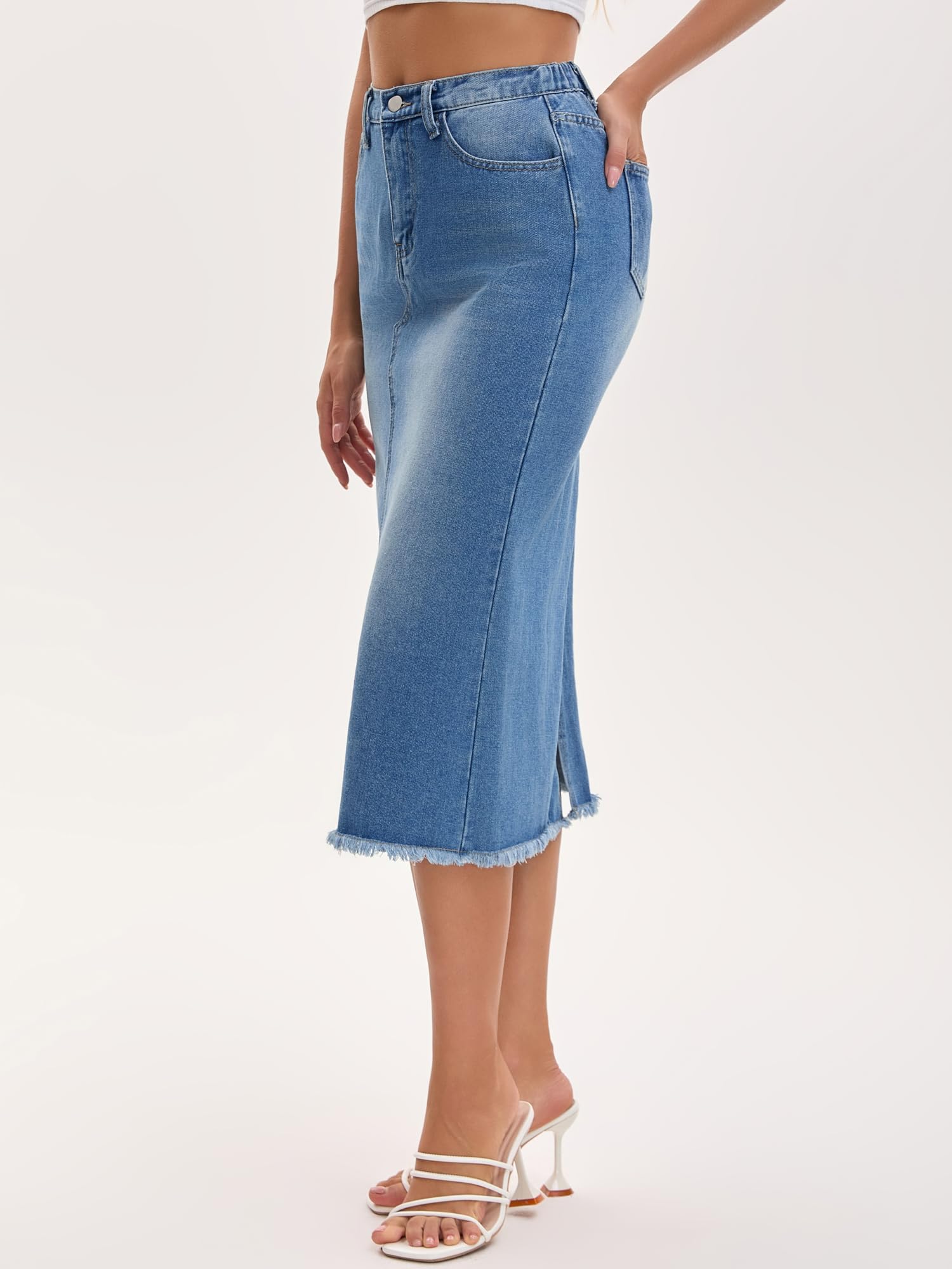 Femme Jupe Longue en Jean Taille Élastique Fente | Longueur Midi Fente Dos Taille Élastique Ourlet Effiloché Coupe Haute Poches Obliques