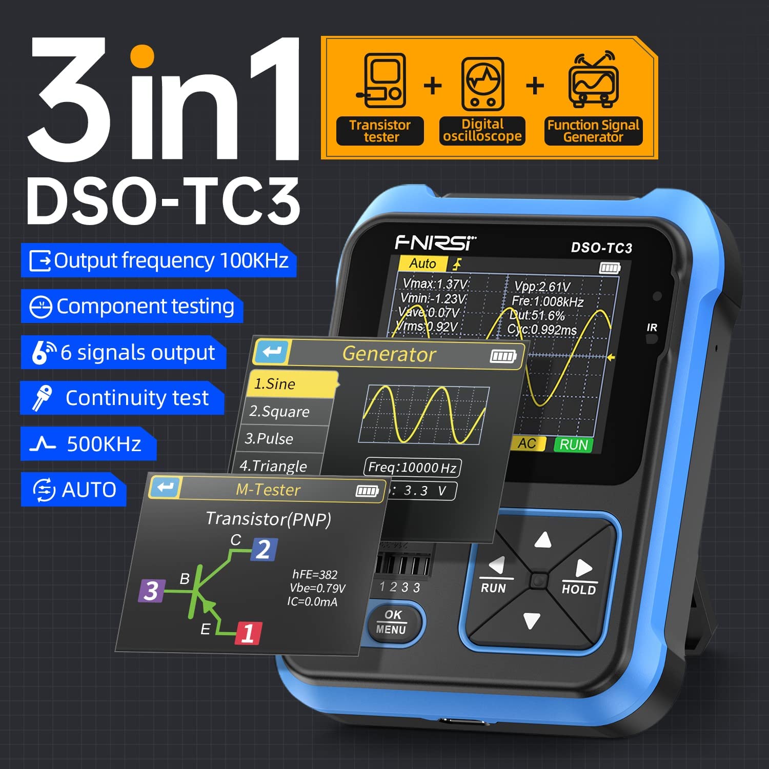FNIRSI DSO-TC3 Oscilloscopio - 3IN1 Oscilloscopio Portatile & Generatore di Segnale DDS & Tester di Transistor, Larghezza di Banda 500kHz, Frequenza di Campionamento 10 MSa/s, 6 Tipi di Forme D'onda