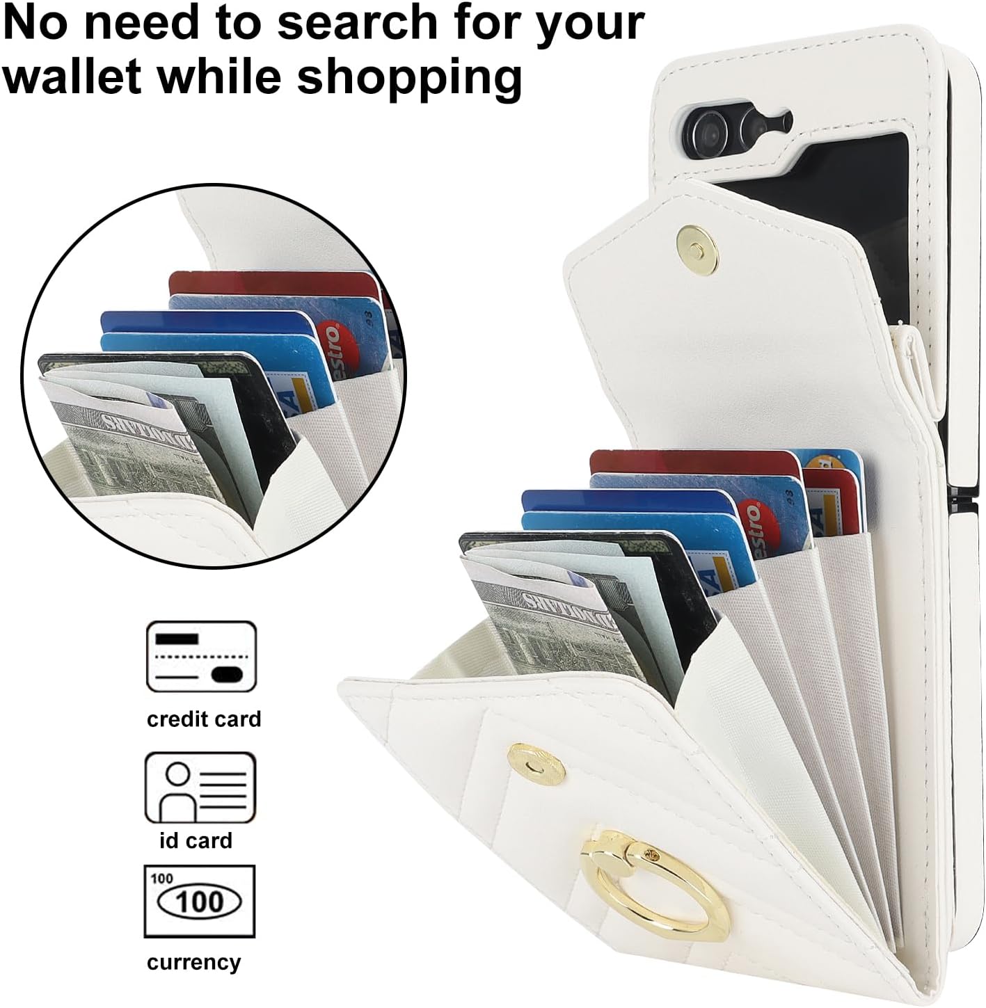Asuwish Phone Case for Samsung Galaxy Z Flip 5 5G 2023 Wallet Cover with RFID Blocking Ring Crossbody Wrist Strap Stand Credit Card Holder Leather Cell ZFlip5 Z5 G Flip5 5Z Women Men Girls Off White