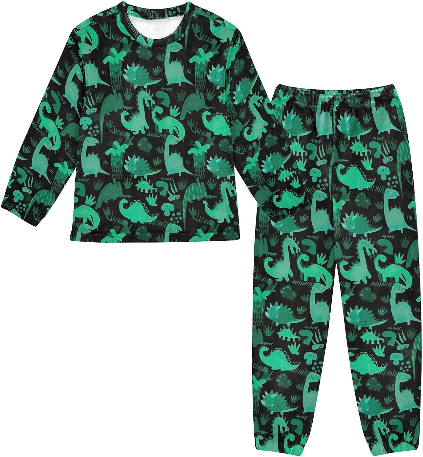 Dino Jungle Green Teal Plush Pajama Set Cozy Coral Fleece 2 Piece Sleepwear