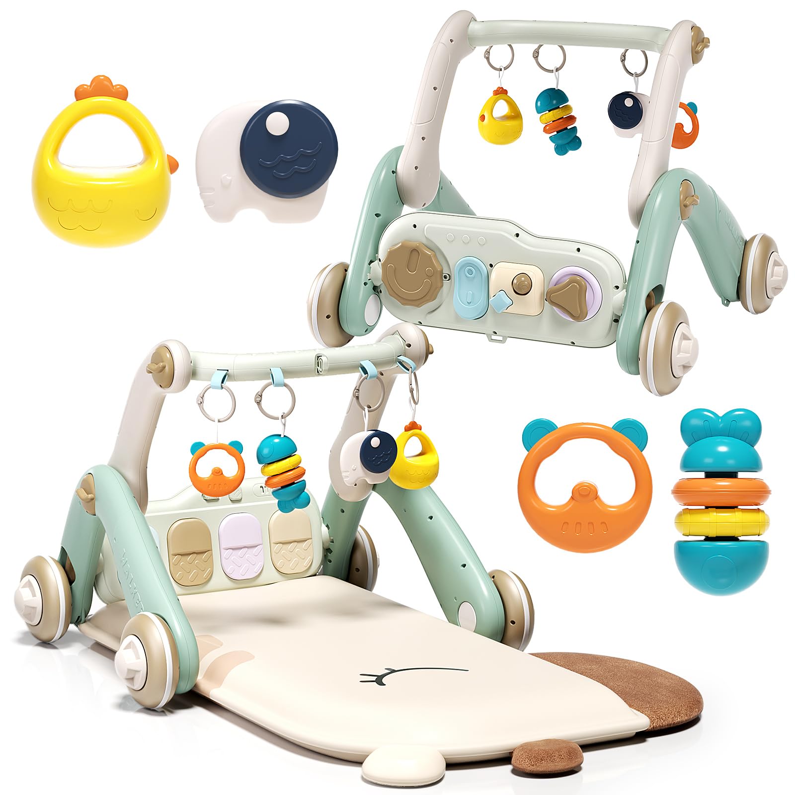 Jovow 2 in 1 Baby Gym with Walker,Baby Play Mat with 4 Infant Learning Sensory,Double-Sided Multifunctional Removable Play Piano Panel,Sit-to-Stand Learning Walker for 0-24 Months Boy Girl [White]