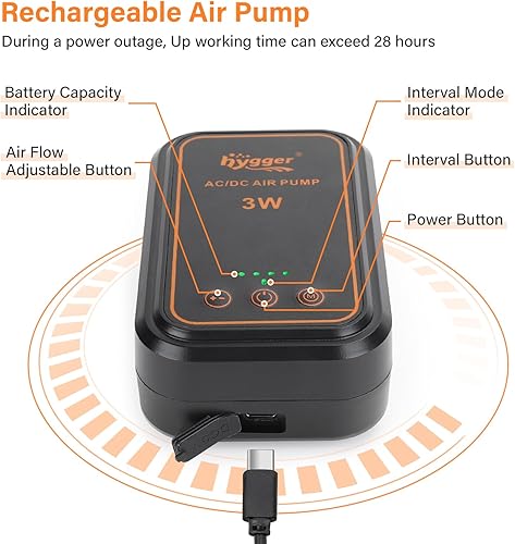 Miniatura 2 de hygger Bomba de aire para acuario, bomba de oxígeno portátil recargable con salidas simplesdobles, burbujeador de aire ultra silencioso alimentado