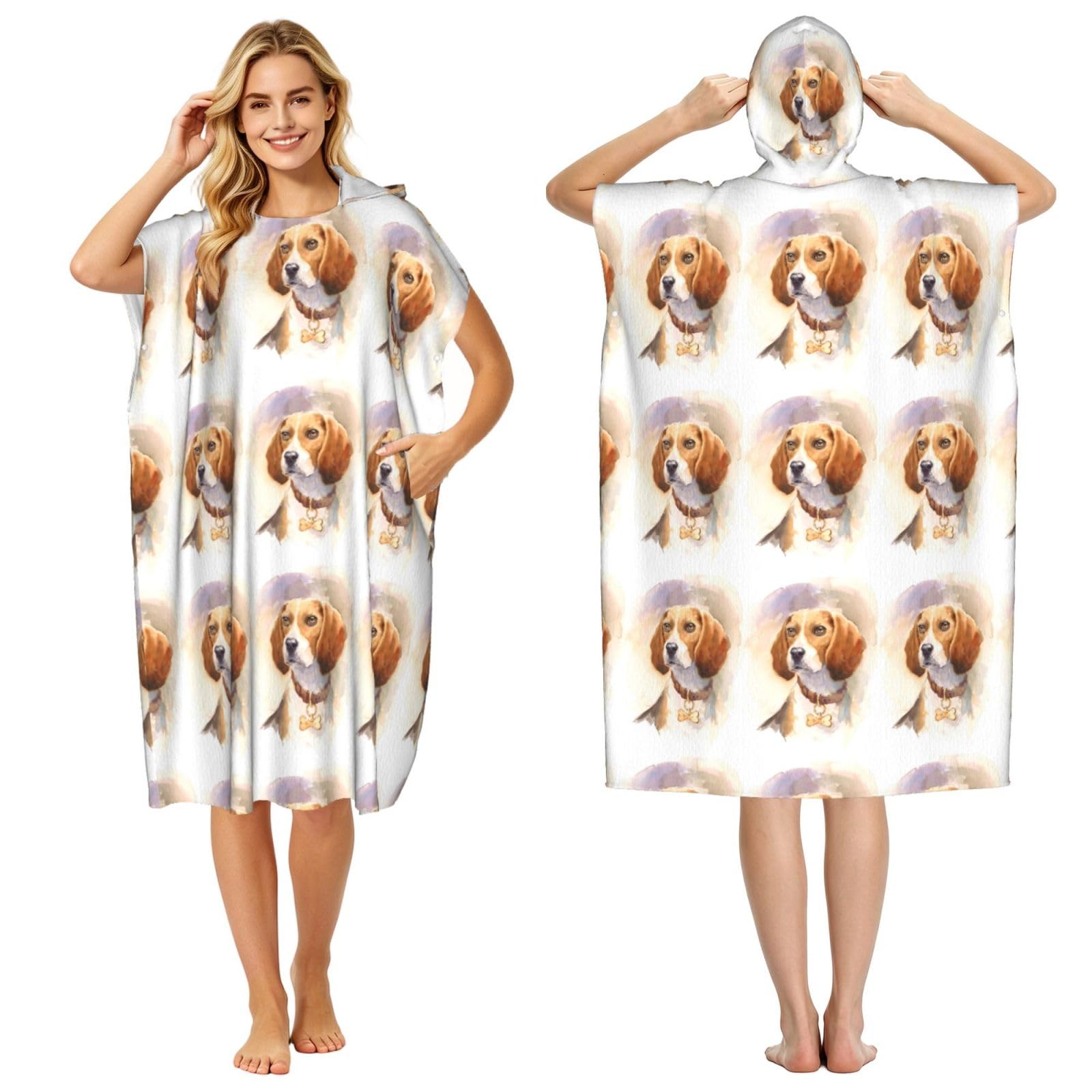 Poadnly Watercolor Beagle Head, Adult Hooded Beach Towel 90 x 110 cm,Changing Bath Robe, Surf Poncho Towel For Women Men