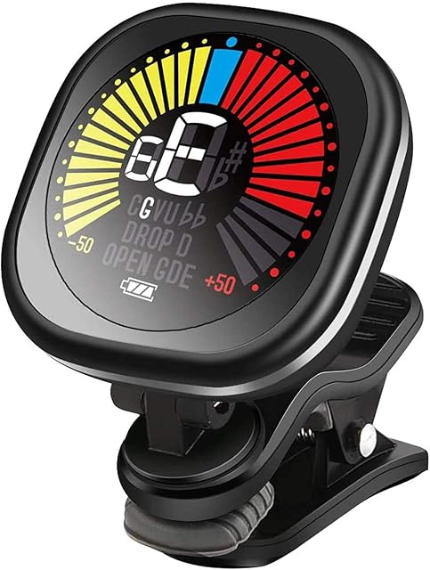 Guitar Tuner Rechargeable, Clip On Tuner with LCD Color Display with Guitar, Ukulele, Violin and Chromatic Tuning Modes for All Stringed Instruments