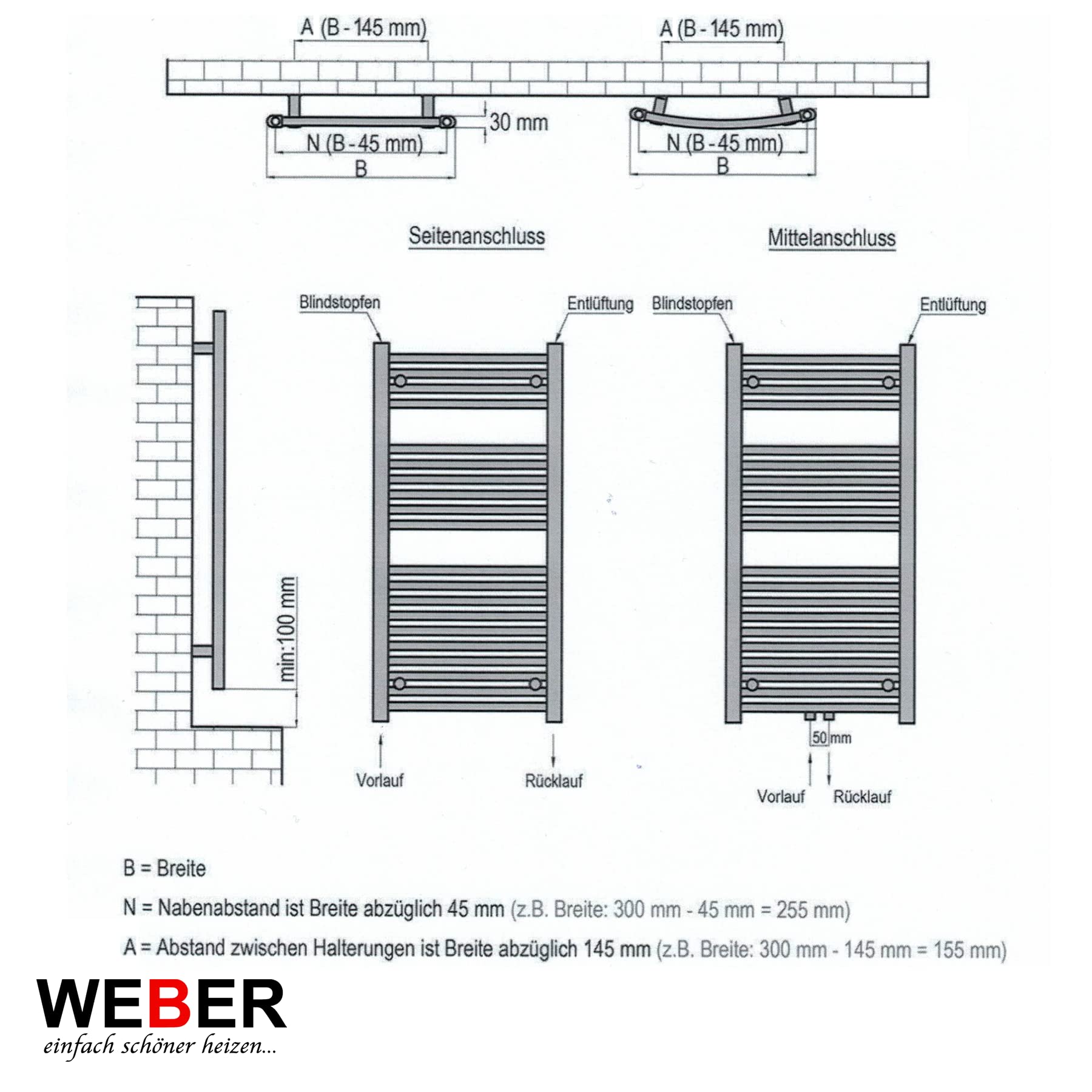 Badheizkörper Heizung Badezimmer Heizkörper alle Größen Weiß/Anthrazit WEBER (50x140cm weiß)
