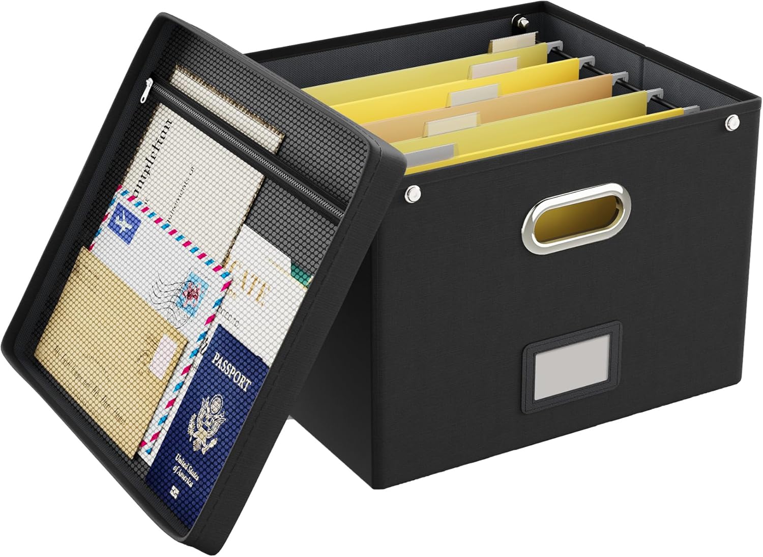 Oterri File Organizer Box with Lid,Large Hanging Filing Box with Mesh Pocket, Document c for Letter Files, Portable Storage Case with Smooth Sliding Rail for Office&Home (1 PCS, Black) Black(Large) 1 pack