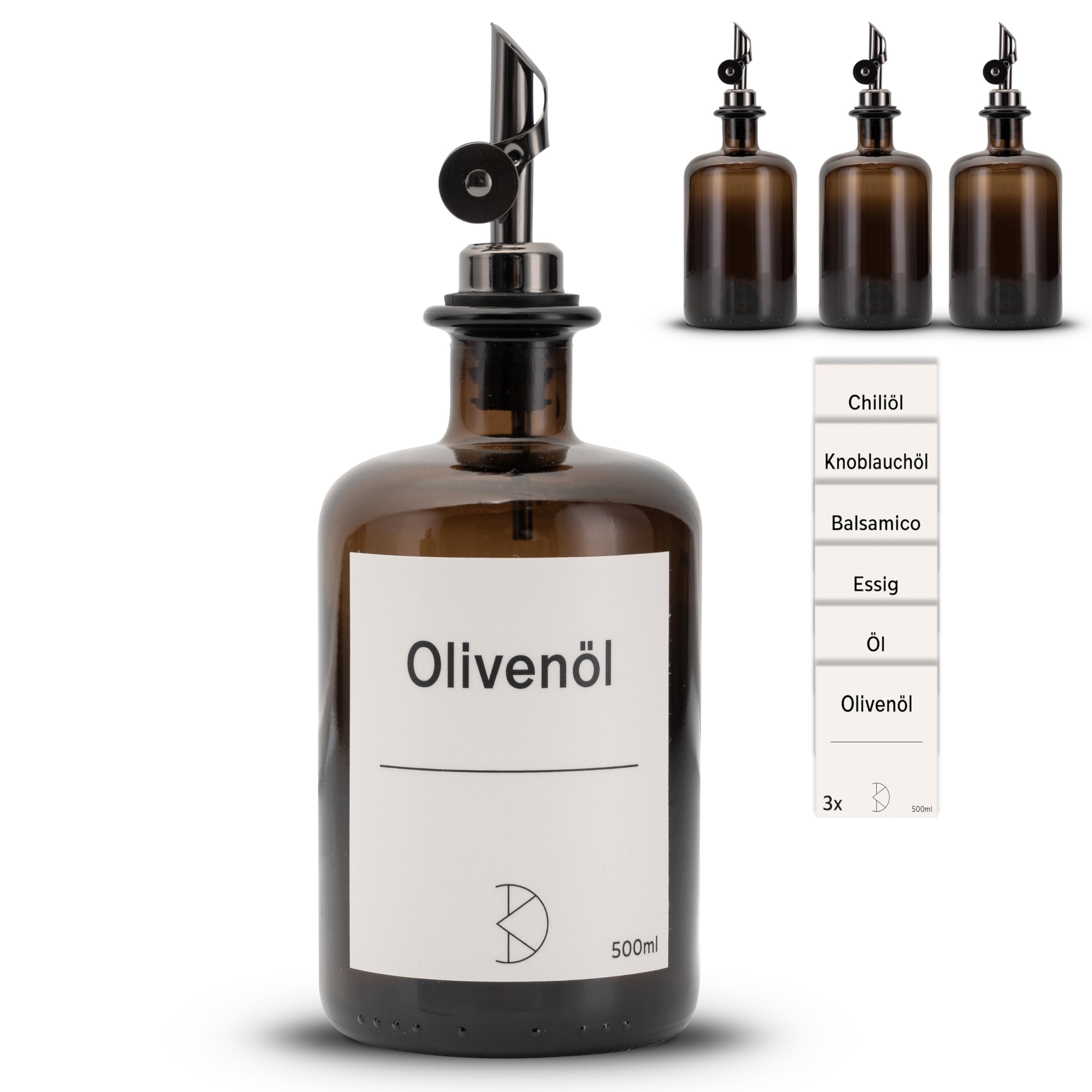 3 bottiglie di olio da riempire – Dispenser di olio moderno in vetro marrone con beccuccio in acciaio inox – Dispenser per olio, aceto e balsamico – vari adesivi – 500 ml – con adesivi