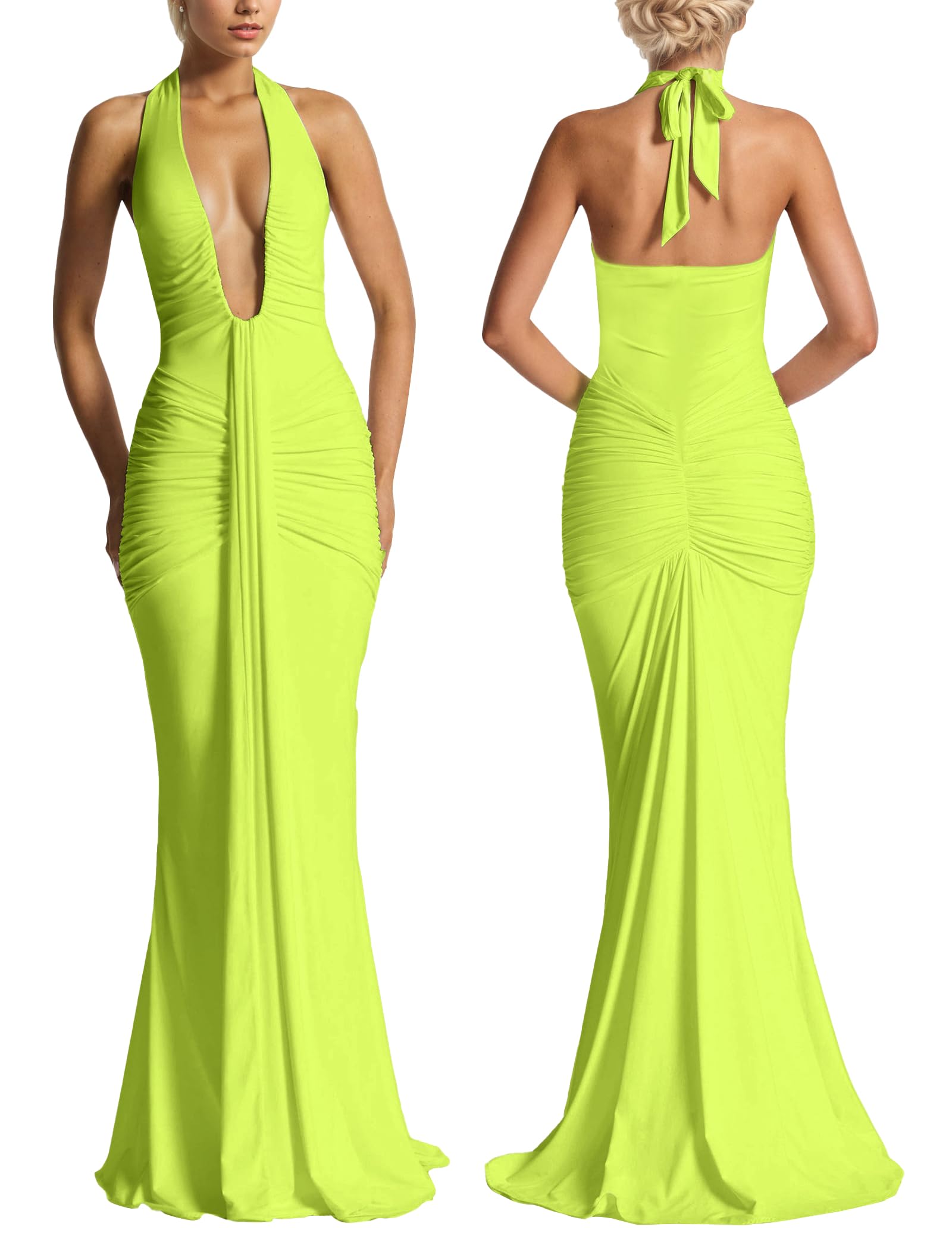 Women’s Evening Extra Long Dress Deep V-Neck Backless Halter Ruched Draped Elegant Club Party Maxi Dress Gown Outfits X-Small Green