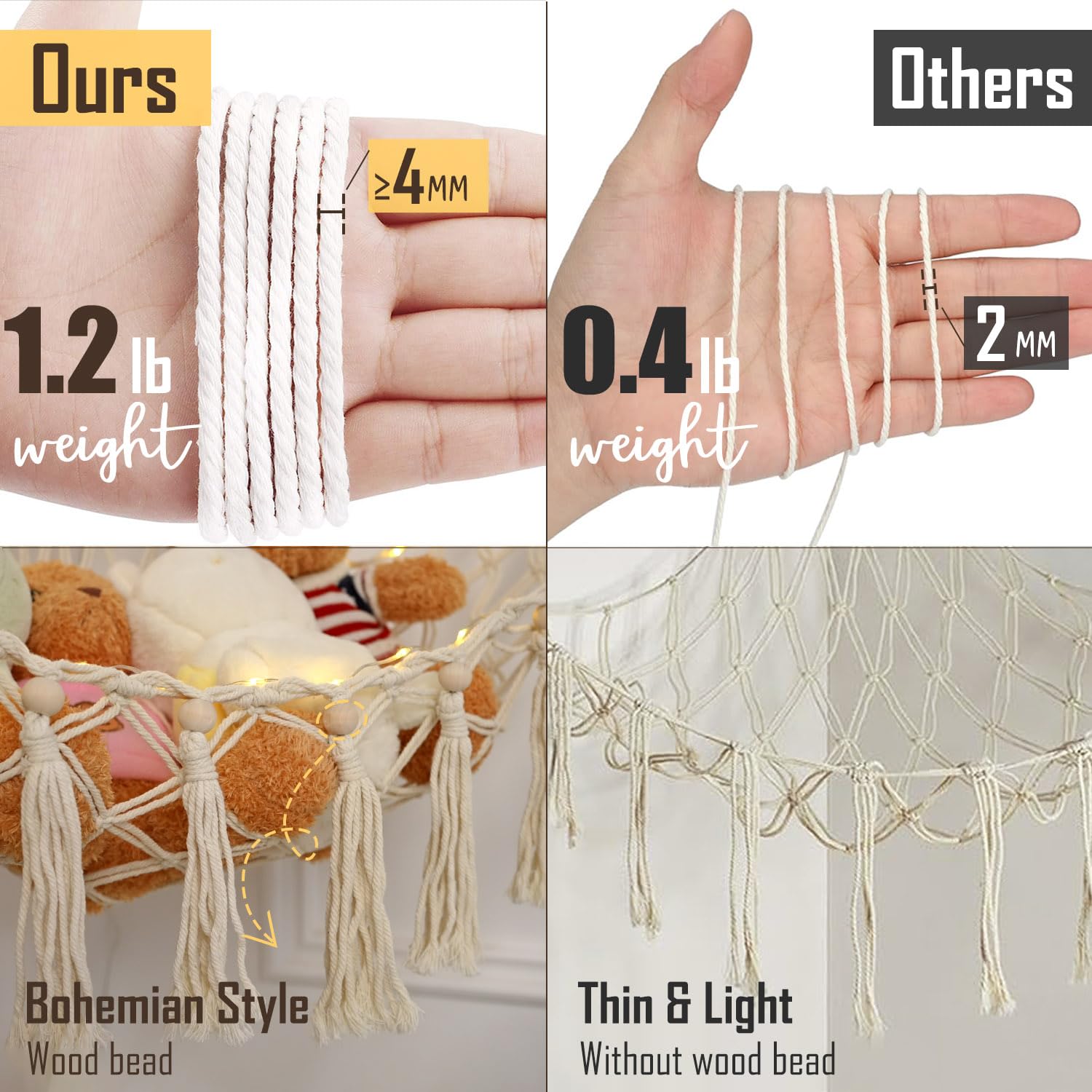 Hamaca de animales de peluche con 75 LED, hamaca de macramé de almacenamiento de juguetes extragrande de 55 pulgadas, red de juguetes colgante para dormitorio de niños, organizador de esquina de 3